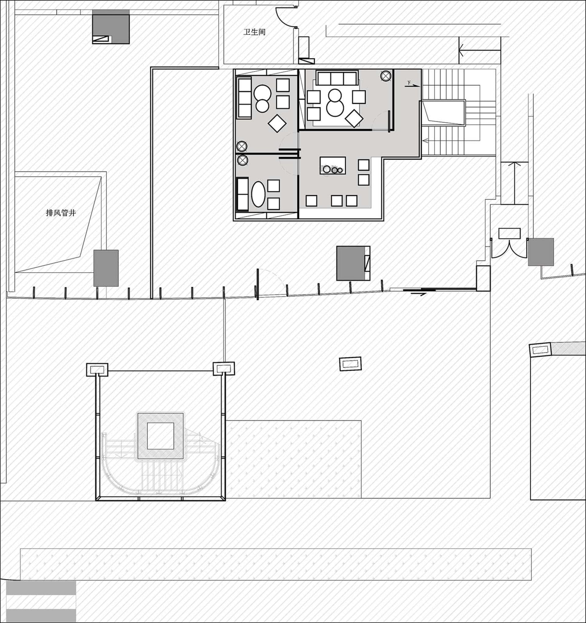 2D floor plan of a modern house with dining area, living room, kitchen, and bedroom, featuring clean lines and minimalistic elements