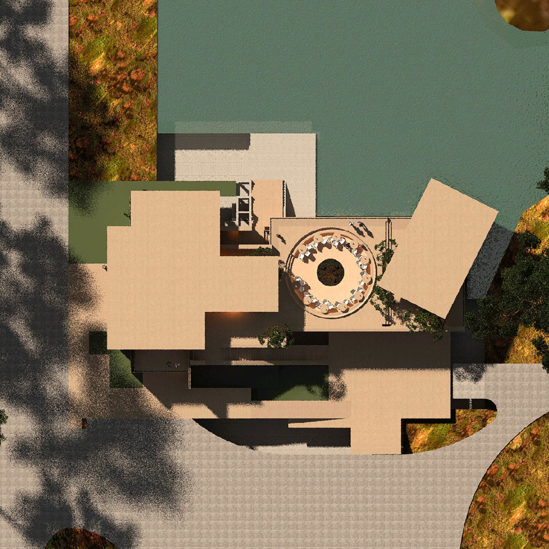 A modern house with a circular patio surrounded by chairs, featuring large and small windows for natural light and a cozy atmosphere
