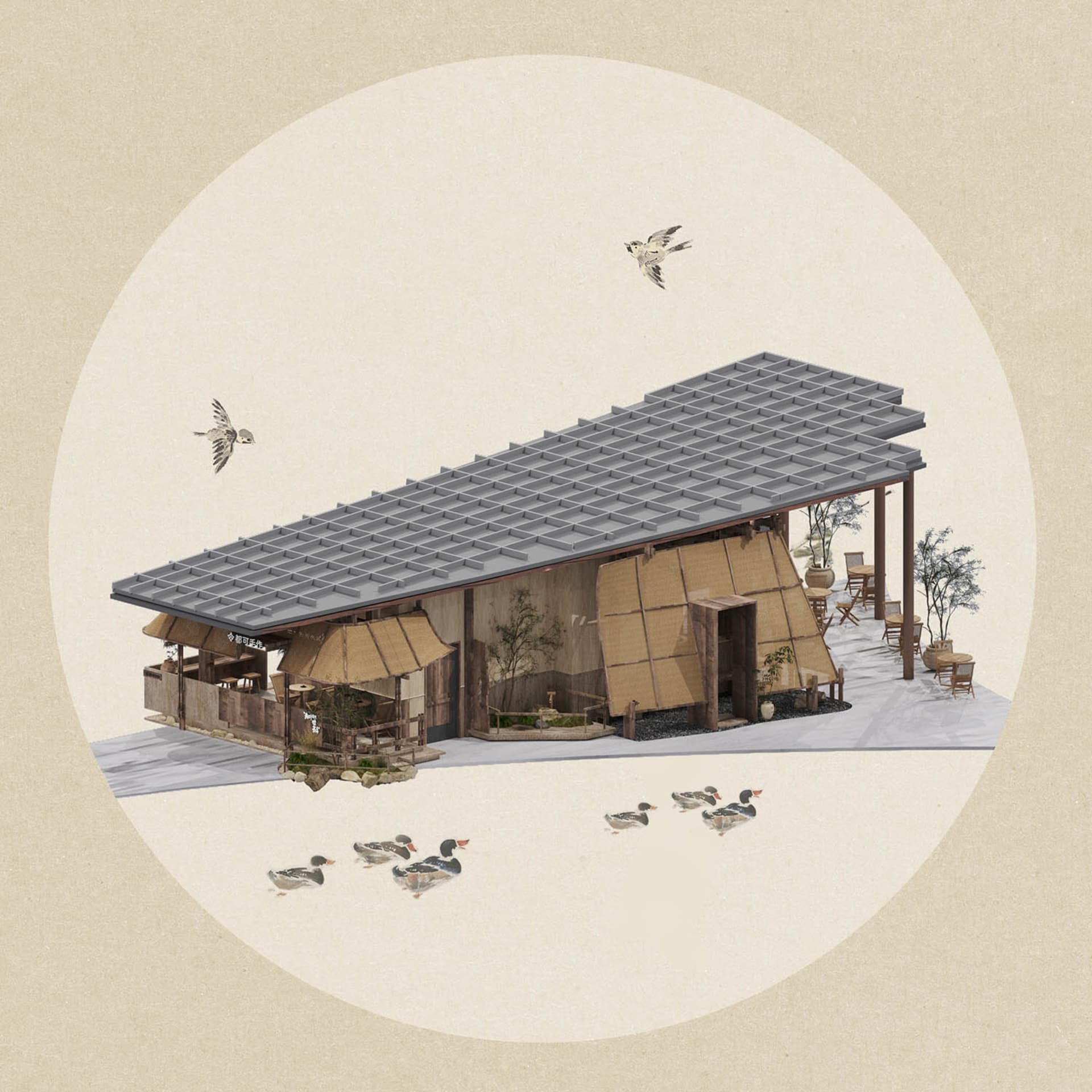 A traditional Asian-style house with a wooden structure and tiled roof, surrounded by trees and birds in flight