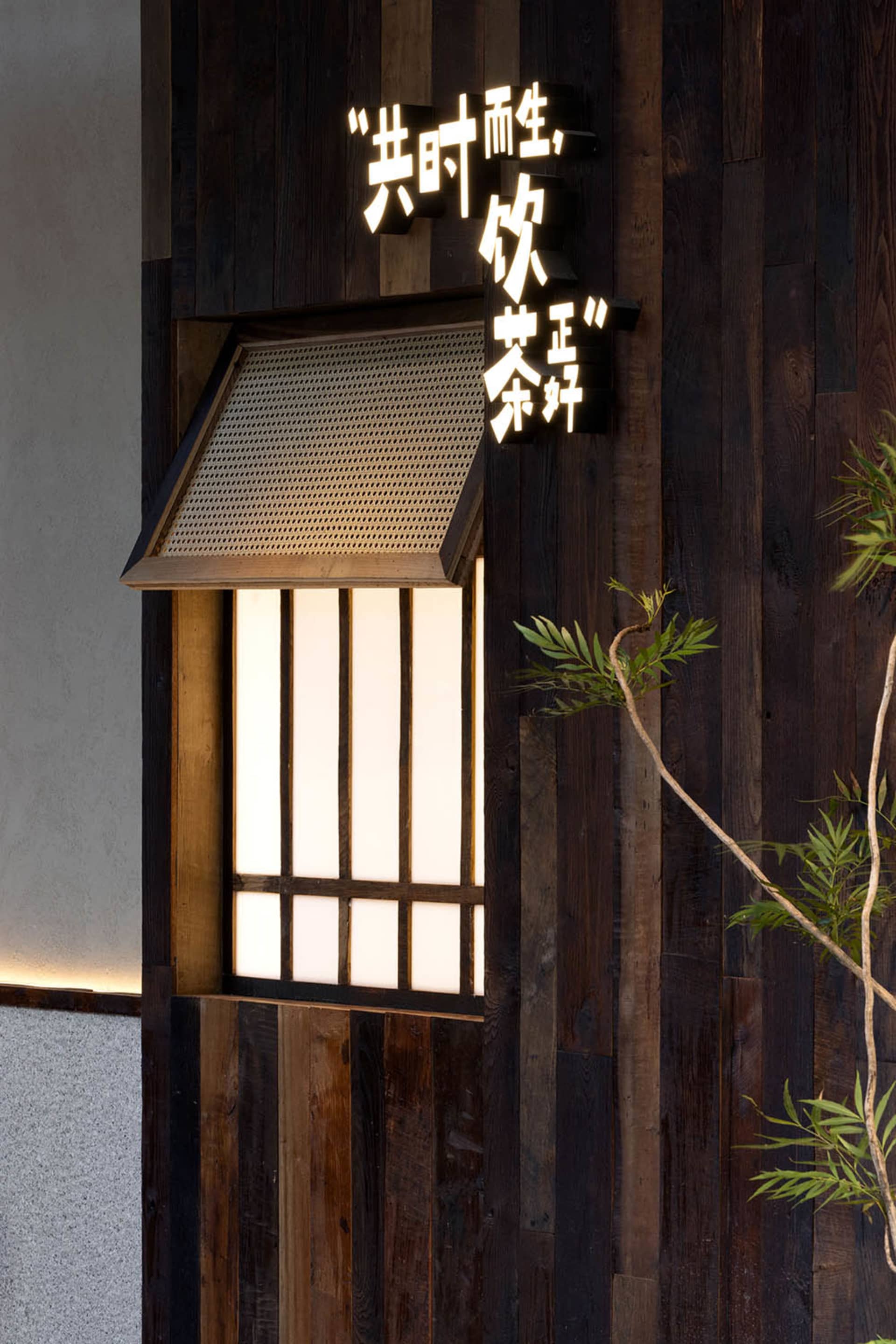 A traditional Asian building with wooden walls and a sliding door, surrounded by two potted plants with green leaves, featuring a window with a screen