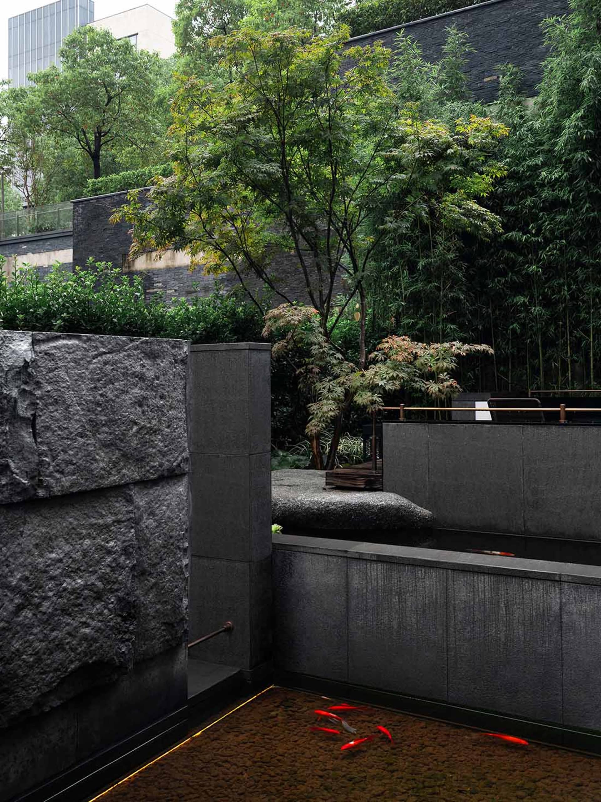 A serene garden scene with a stone wall, a tree, and a pond in front of a building, set against a concrete structure in the background