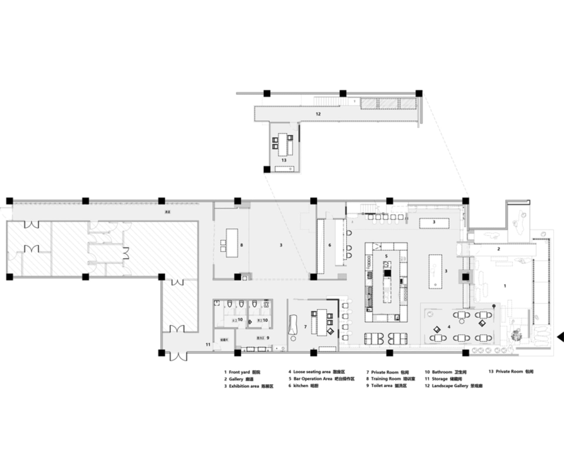 2D floor plan of a commercial building with dining area, kitchen, and multiple offices, featuring linework, labels, and measurements
