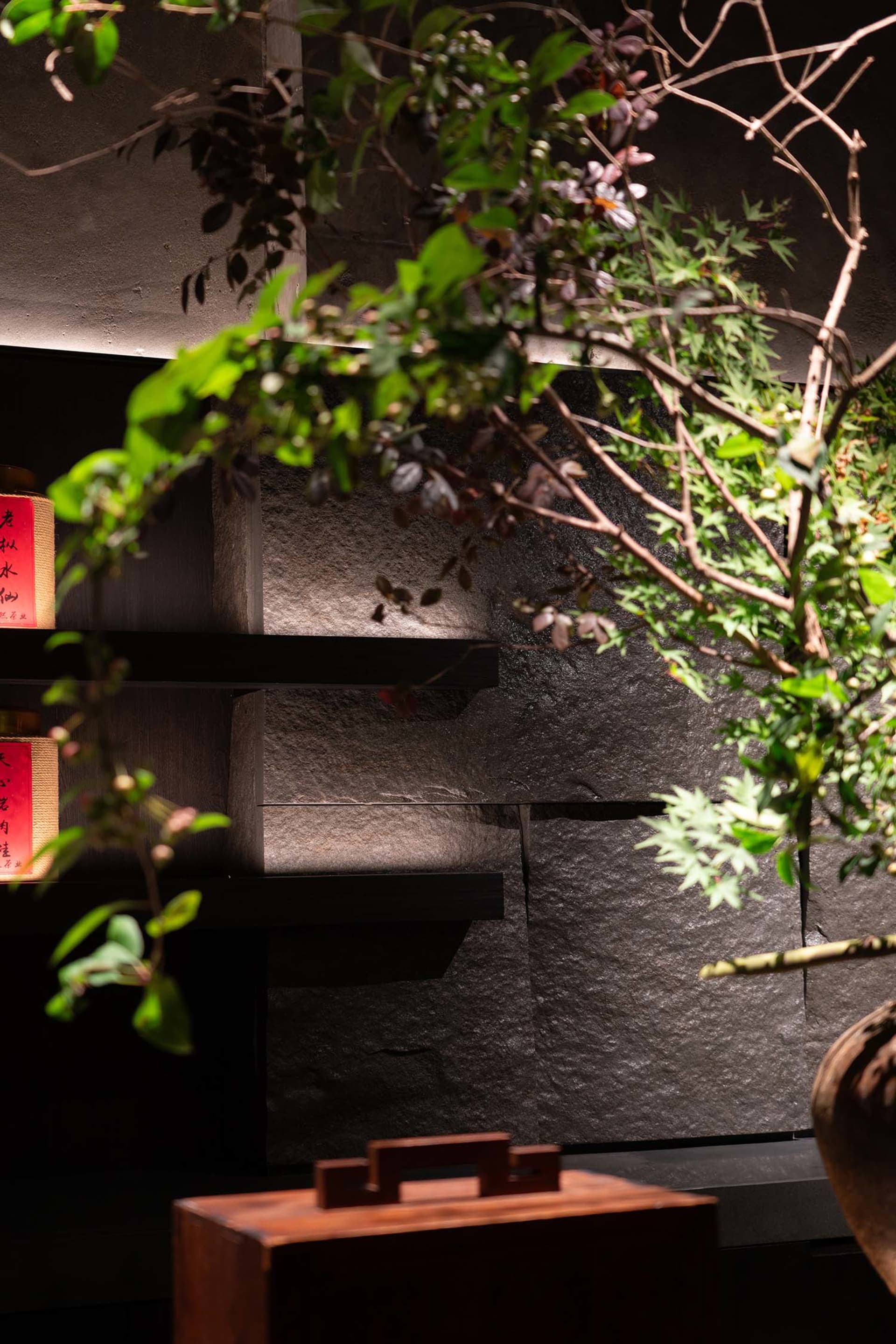 A serene indoor space with a stone wall, a rock wall, vases, and bottles, surrounded by plants