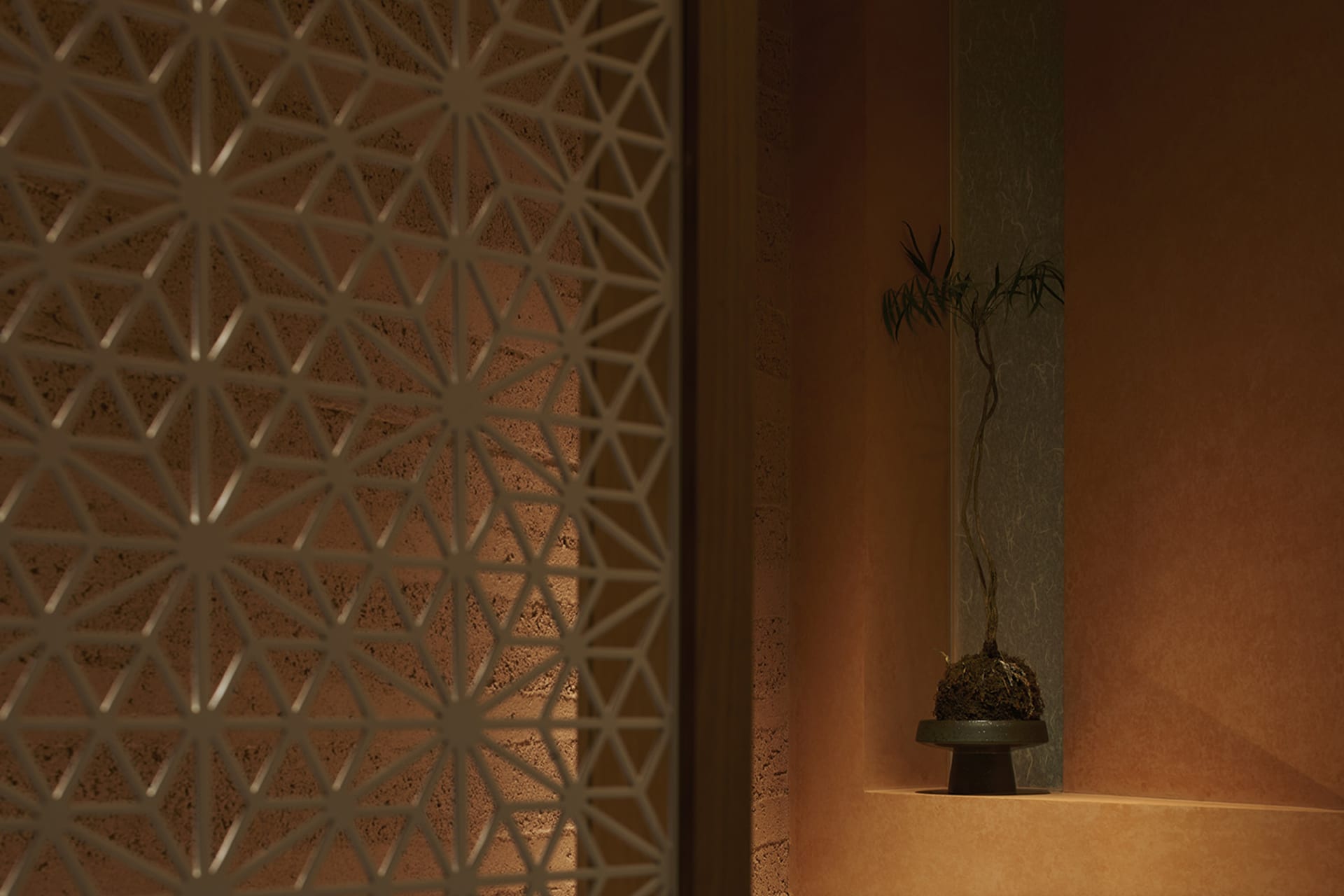 A small indoor space with a bonsai tree on a table in front of a wall, creating a calm and serene atmosphere