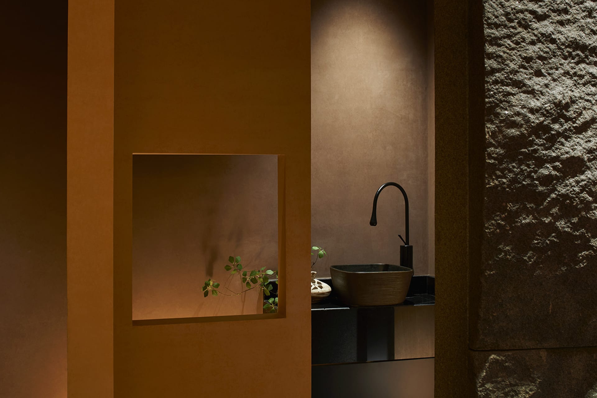 Bathroom with a sink, faucet, and bowl on the countertop, surrounded by two potted plants and warm orange walls