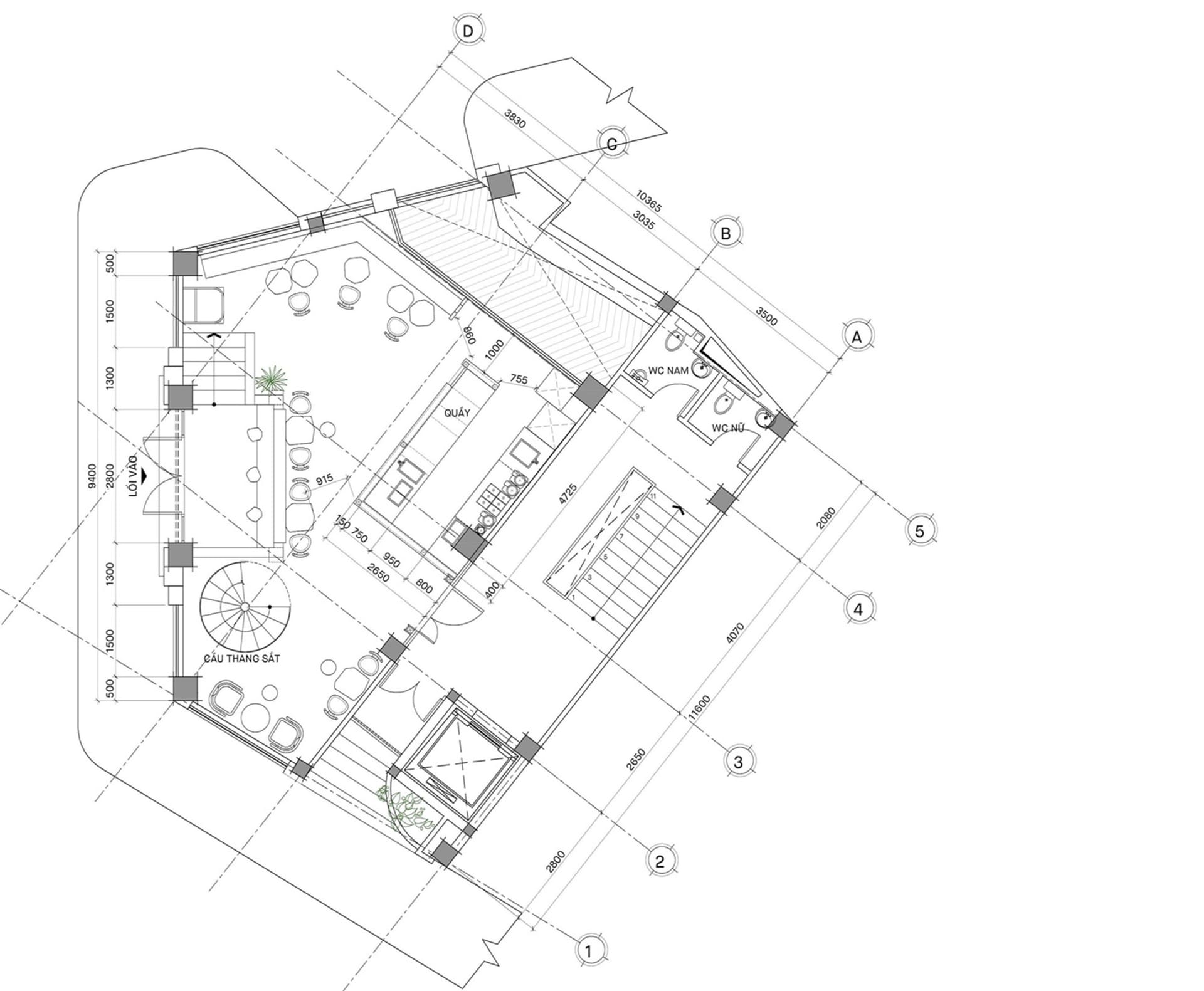 Architectural drawing of a modern building with multiple levels, featuring a dining area, kitchen, and living spaces, with clean lines and minimalistic design elements
