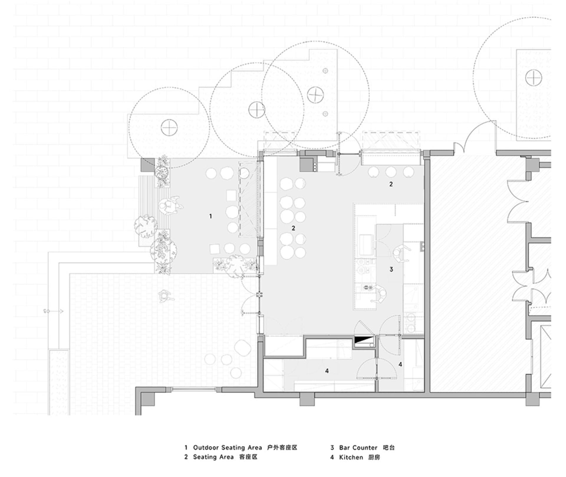 2D floor plan of a modern building with concrete and glass materials, featuring a dining area, bar counter, sitting area, and connected rooms