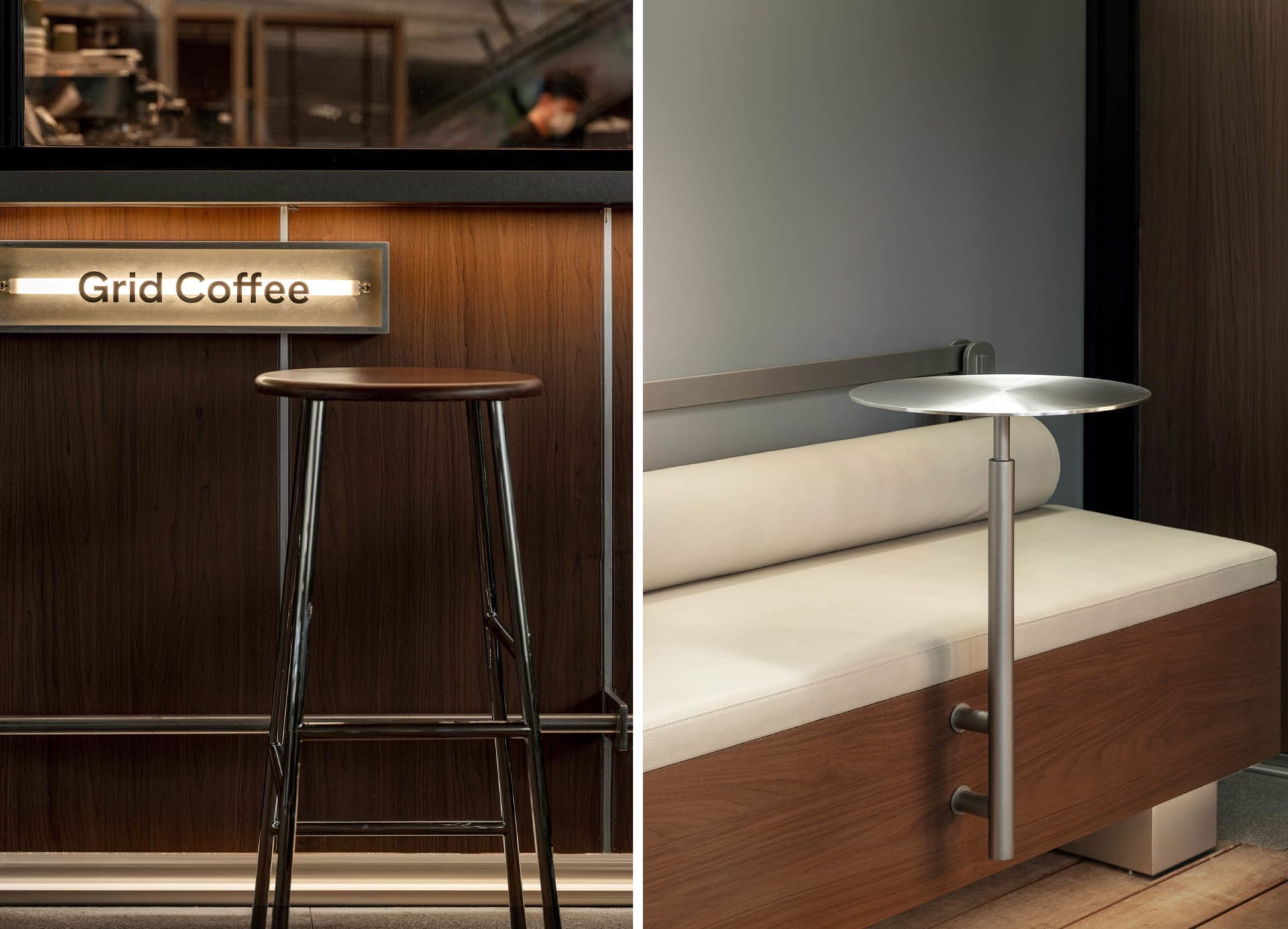 A coffee shop scene with a counter and furniture, and a living area with a bed and chair, conveying a cozy atmosphere