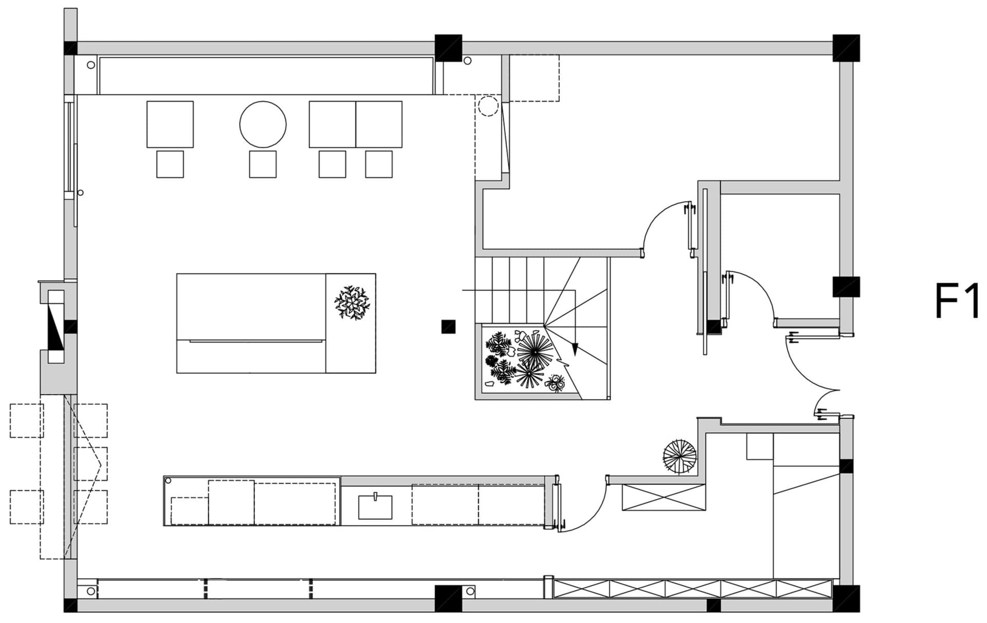 Empty white living room with a couch, two chairs, and a potted plant, creating a clean and minimalistic atmosphere