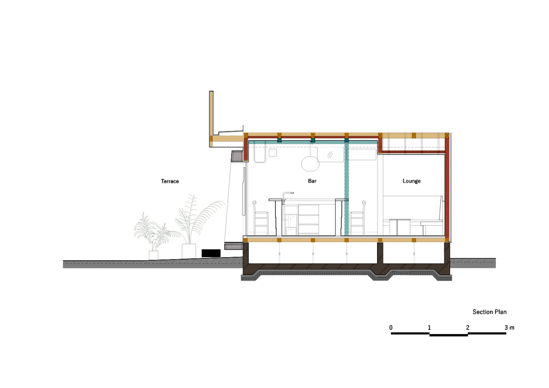 2D floor plan of a modern house with kitchen dining living and bedroom areas, including chairs potted plants and a sink