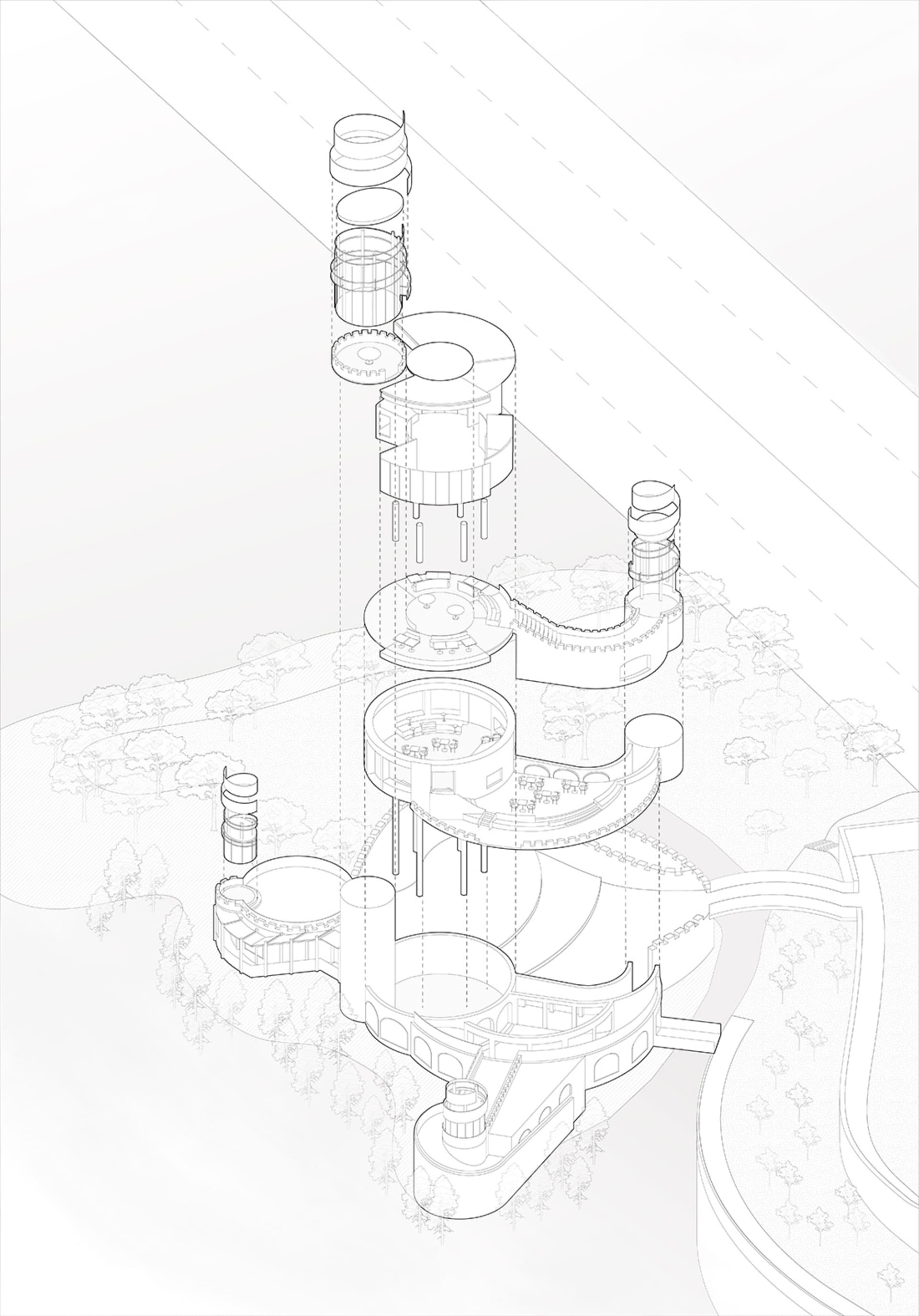 A futuristic high-rise building with a spiral staircase connecting multiple levels, featuring a modern and sleek design