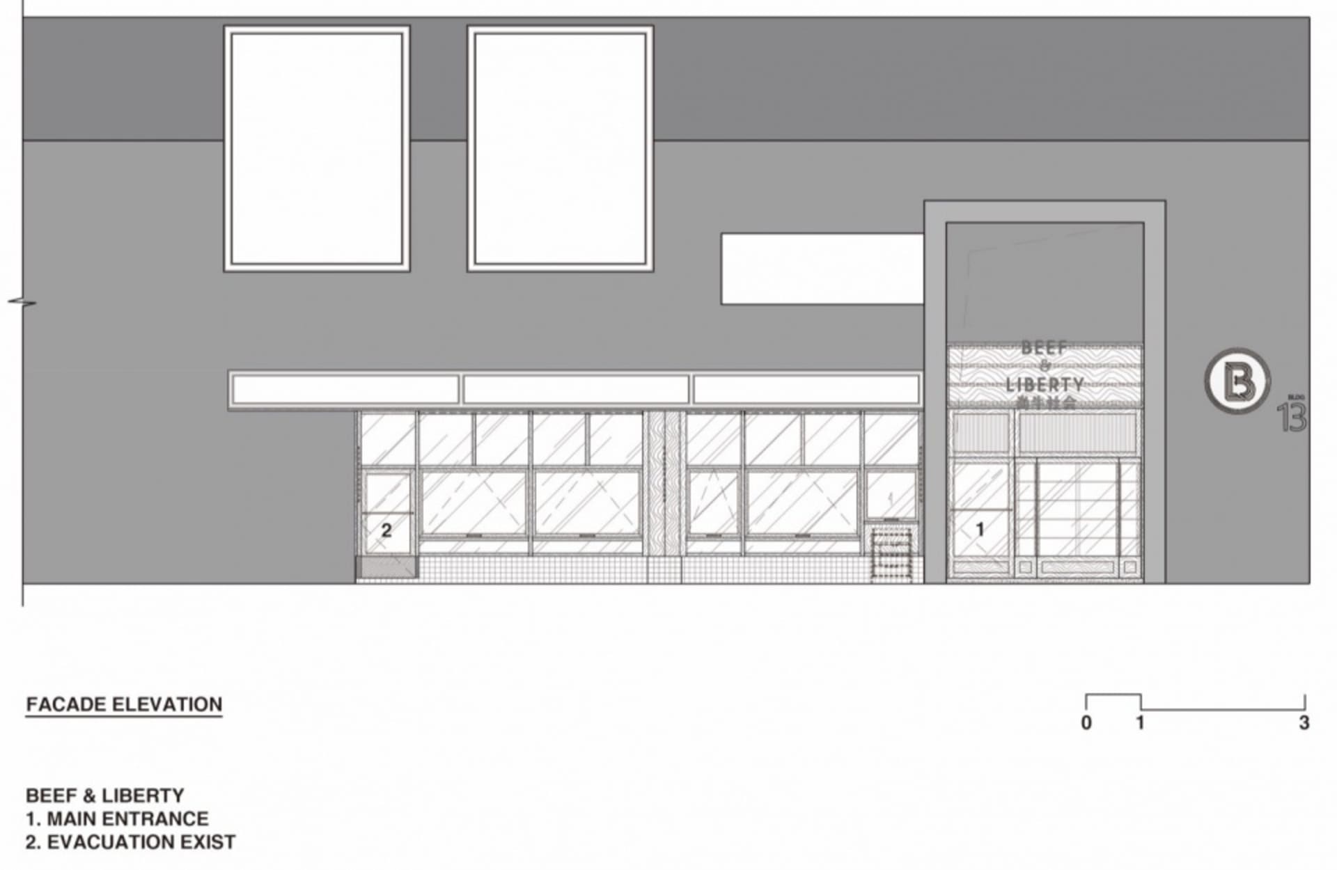 Architectural rendering of a black and white storefront with large windows and visible measurements
