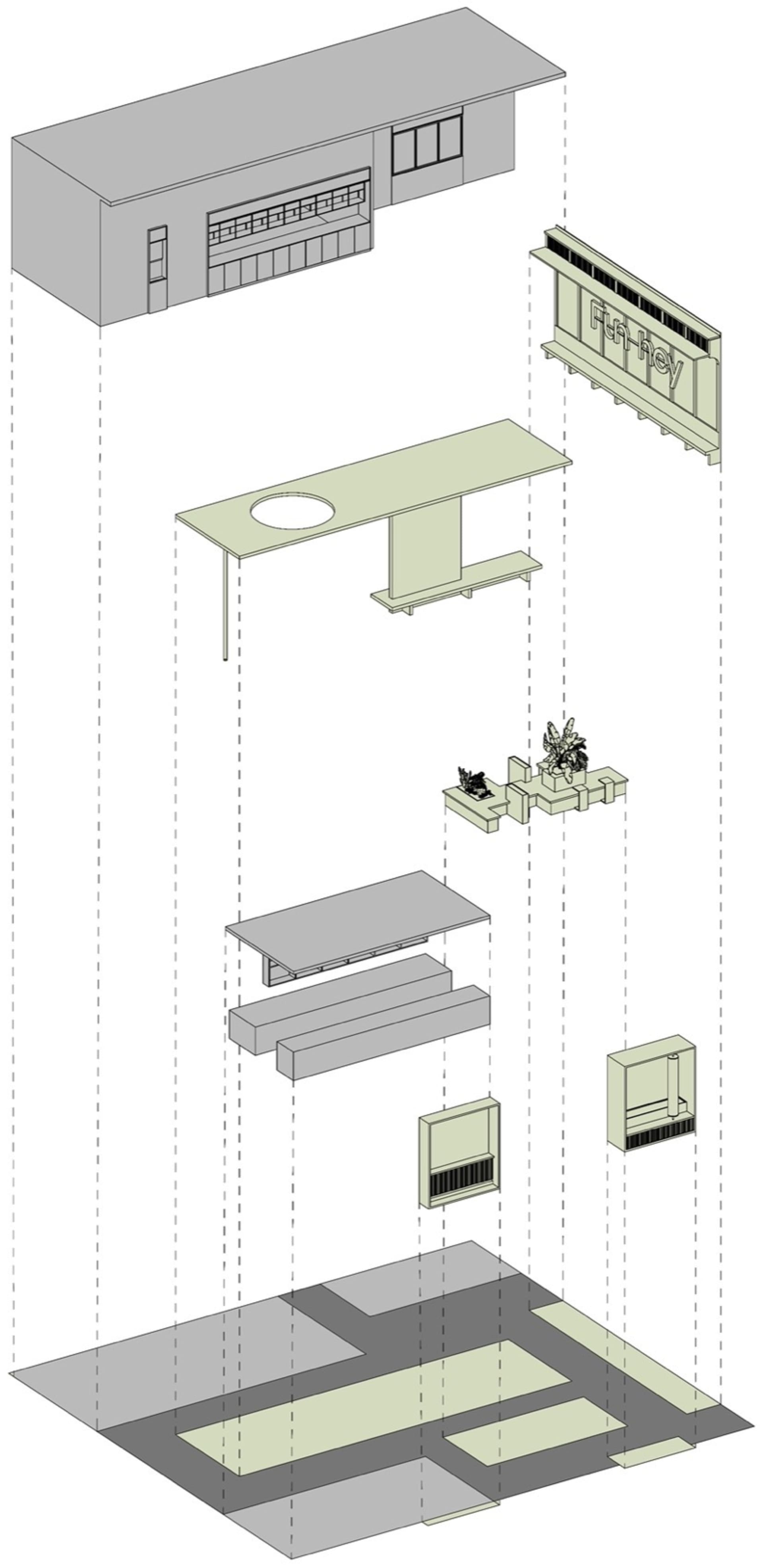 2D floor plan of a modern living space with chairs, tables, and a couch arranged in a functional layout