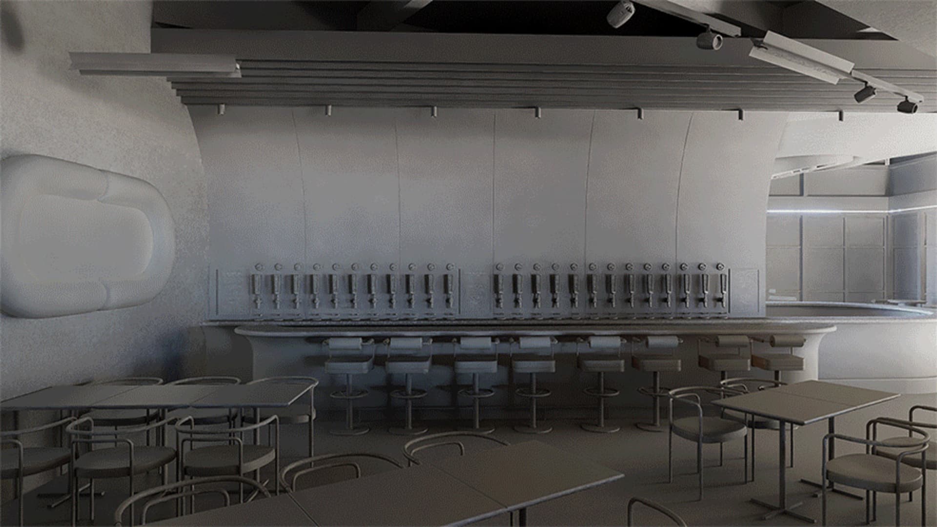 Empty restaurant with a long counter and numerous chairs, clean and well-organized atmosphere