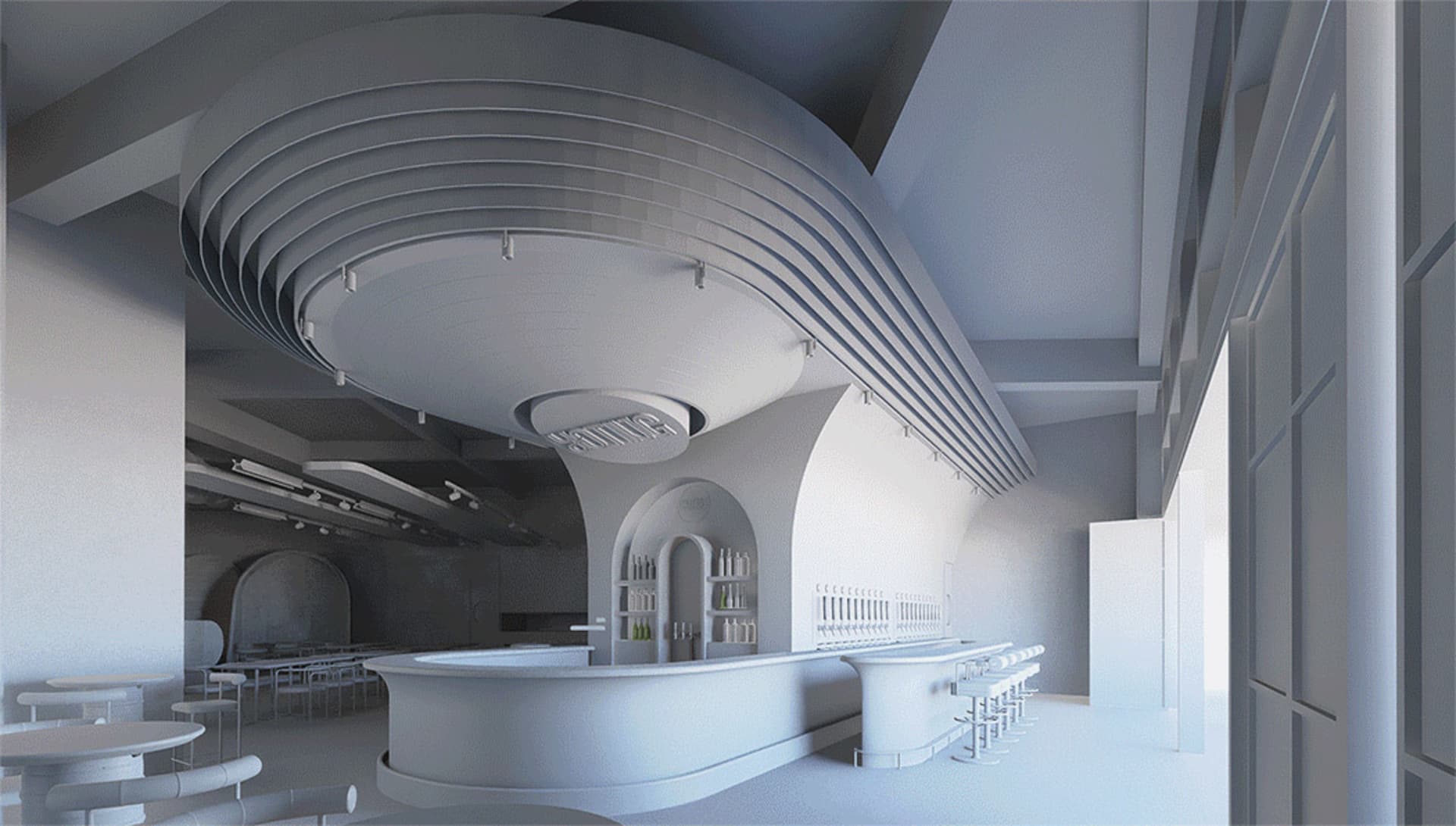 A clean and organized bar area with a long counter and chairs, featuring multiple bottles and a focus on functionality