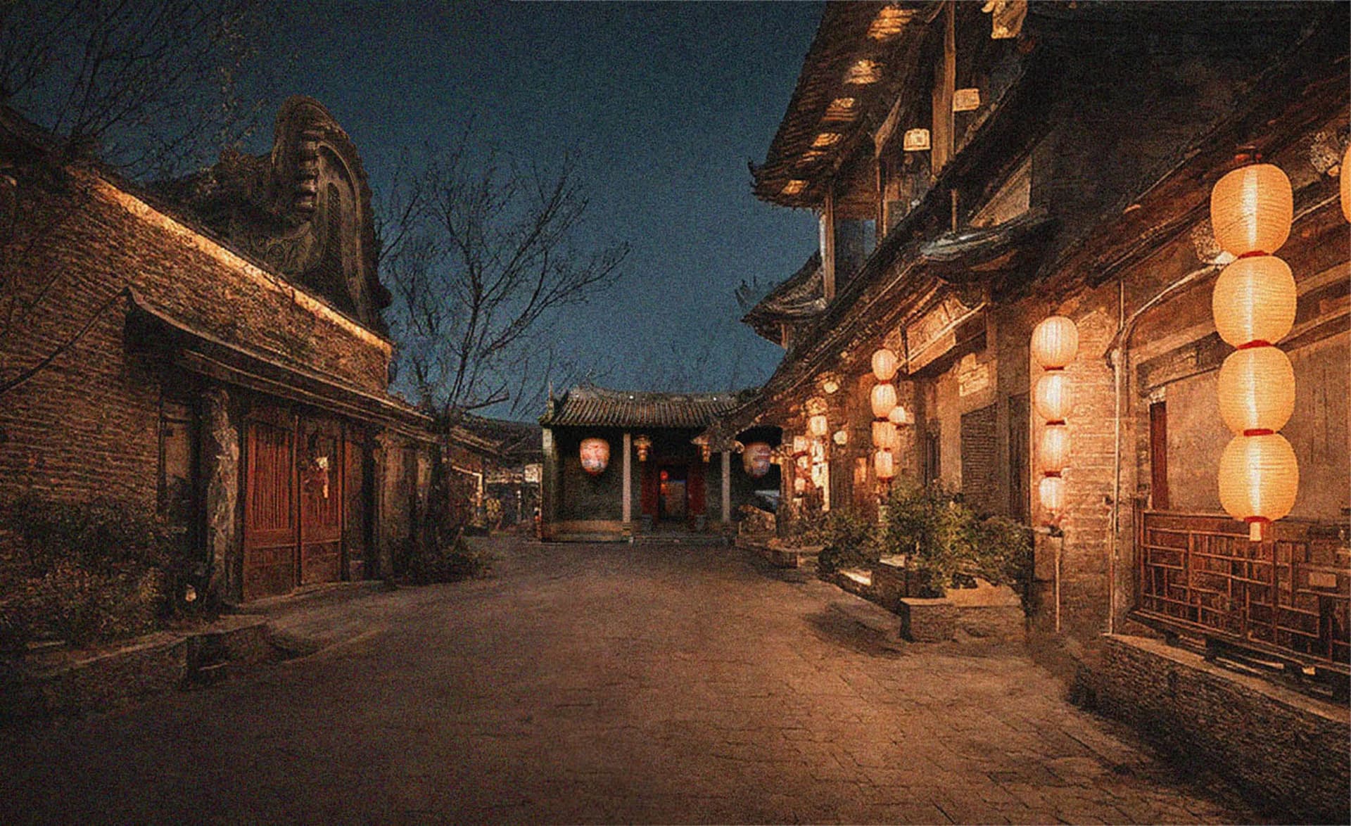 A narrow alleyway in an Asian city at night, with people walking and traditional buildings on either side