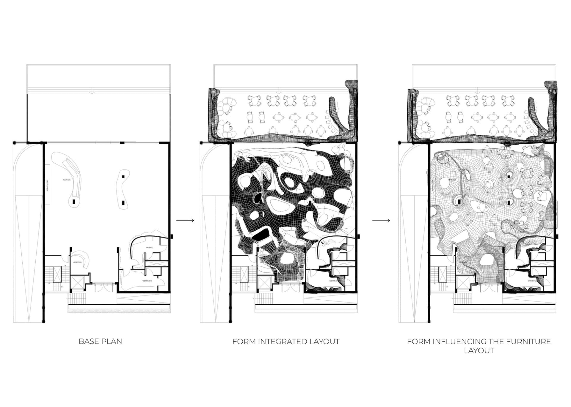 Black and white floor plan of a large commercial space with a mix of concrete, wood, and metal materials