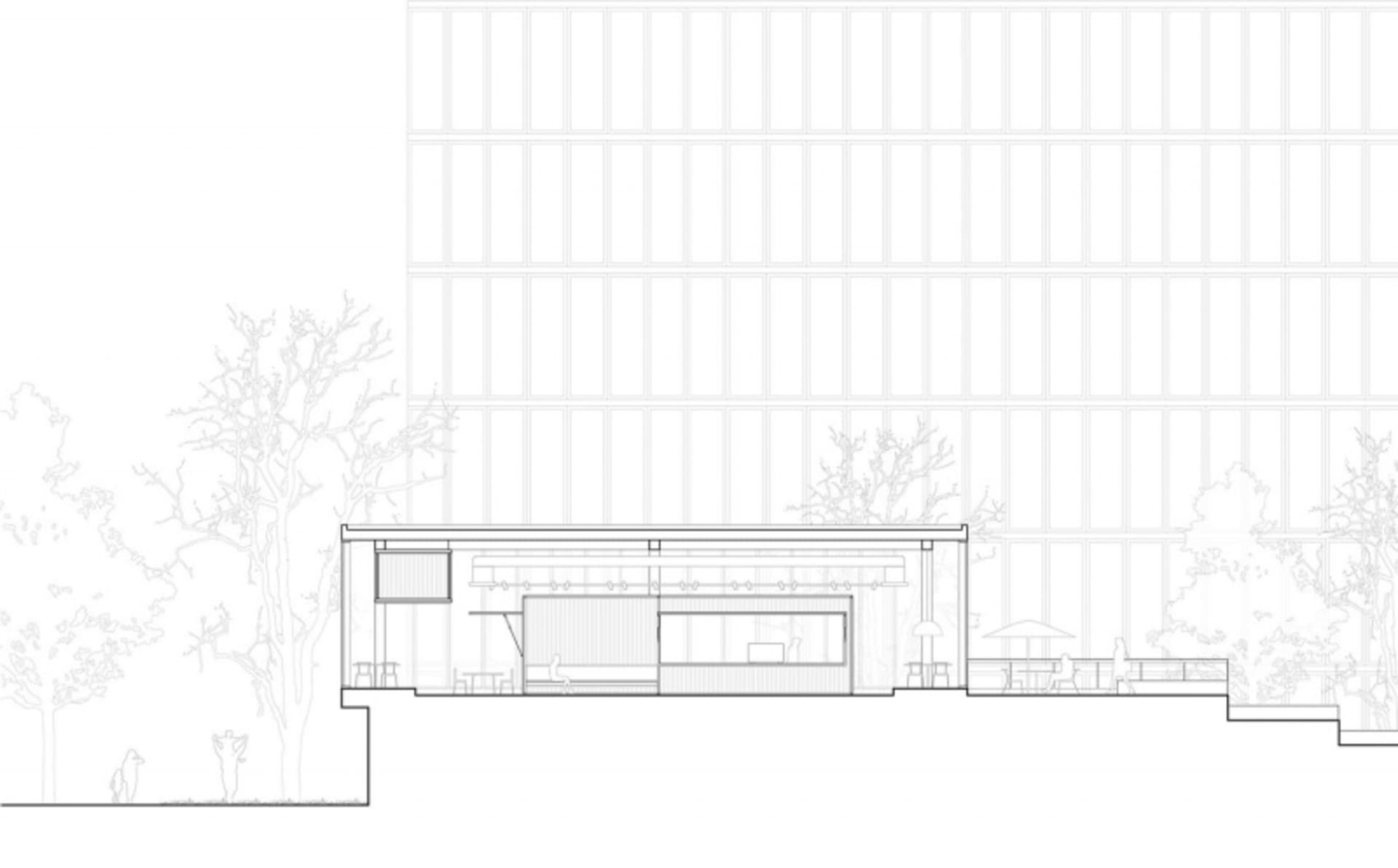 A modern commercial building with multiple windows and doors, surrounded by trees, in a bright and inviting daytime atmosphere