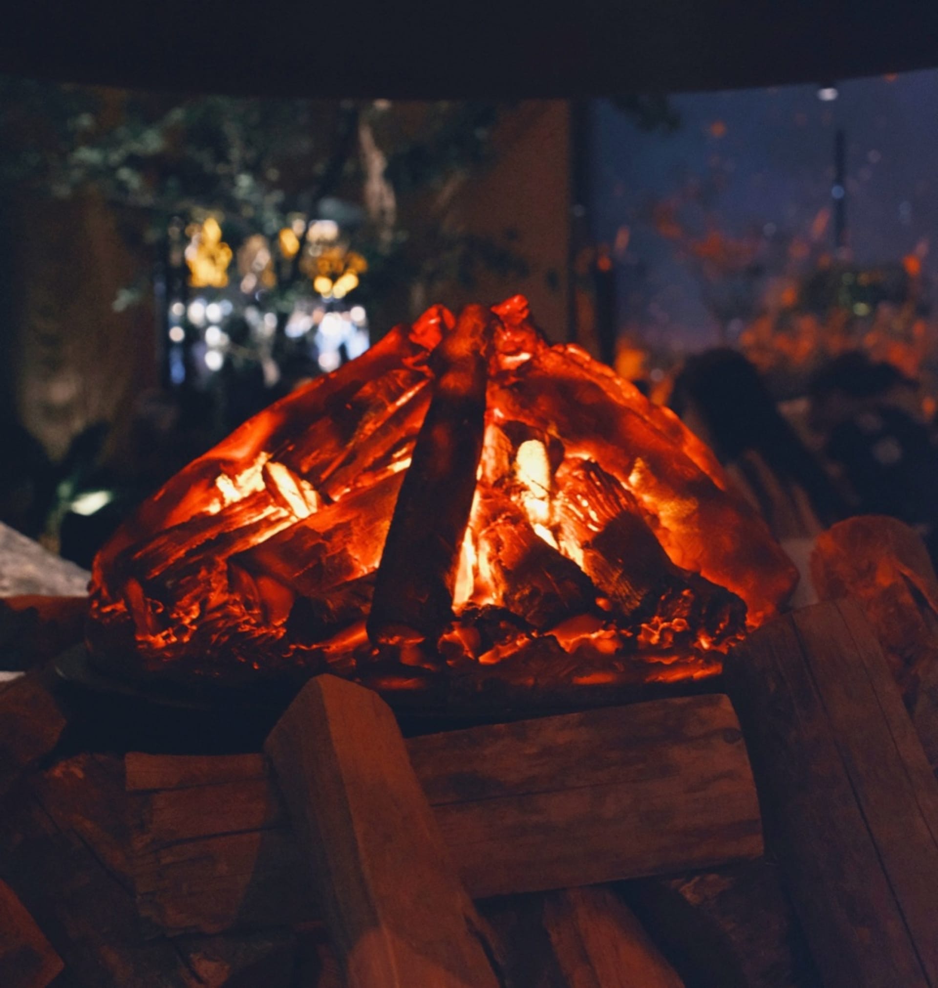 A warm and inviting living room scene with a lit fireplace, wooden design, and people gathered around