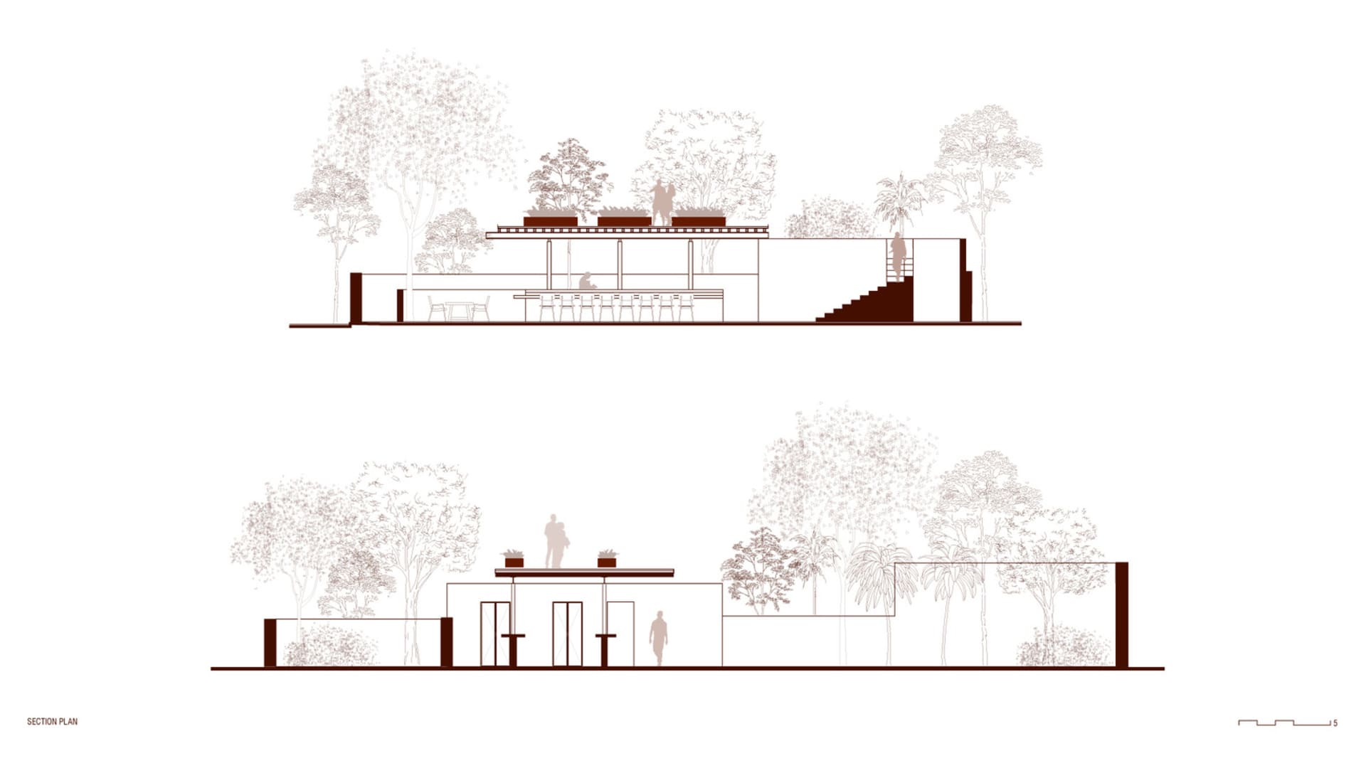 A house with a rooftop terrace featuring a dining table and chairs, surrounded by people in a relaxed and inviting atmosphere