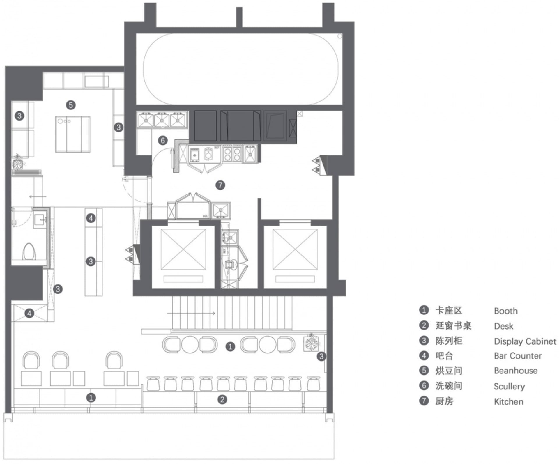 Commercial space with multiple rooms and modern design elements, including dining tables and chairs, in a top-down layout