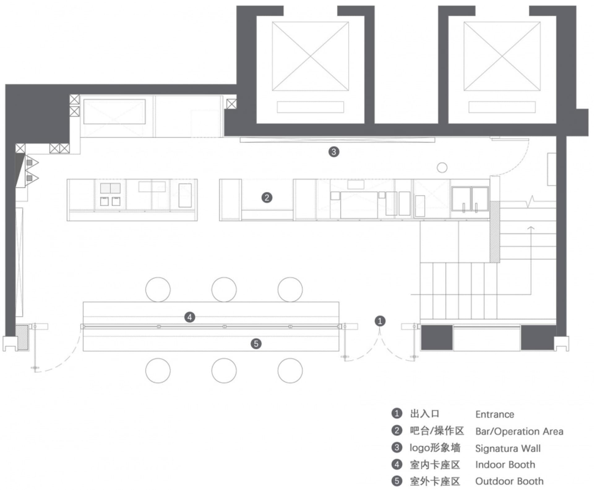 2D floor plan of a modern restaurant with a kitchen, dining area, and bar, featuring a large window, concrete, and metal materials