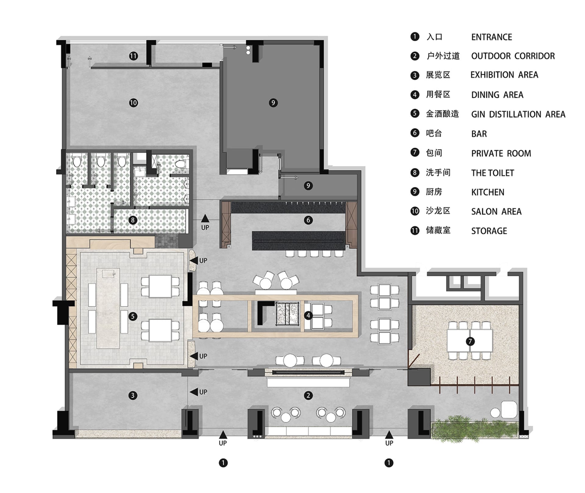2D floor plan of a hotel with various rooms, including a dining area, bar, kitchen, and private rooms, with a focus on layout and design