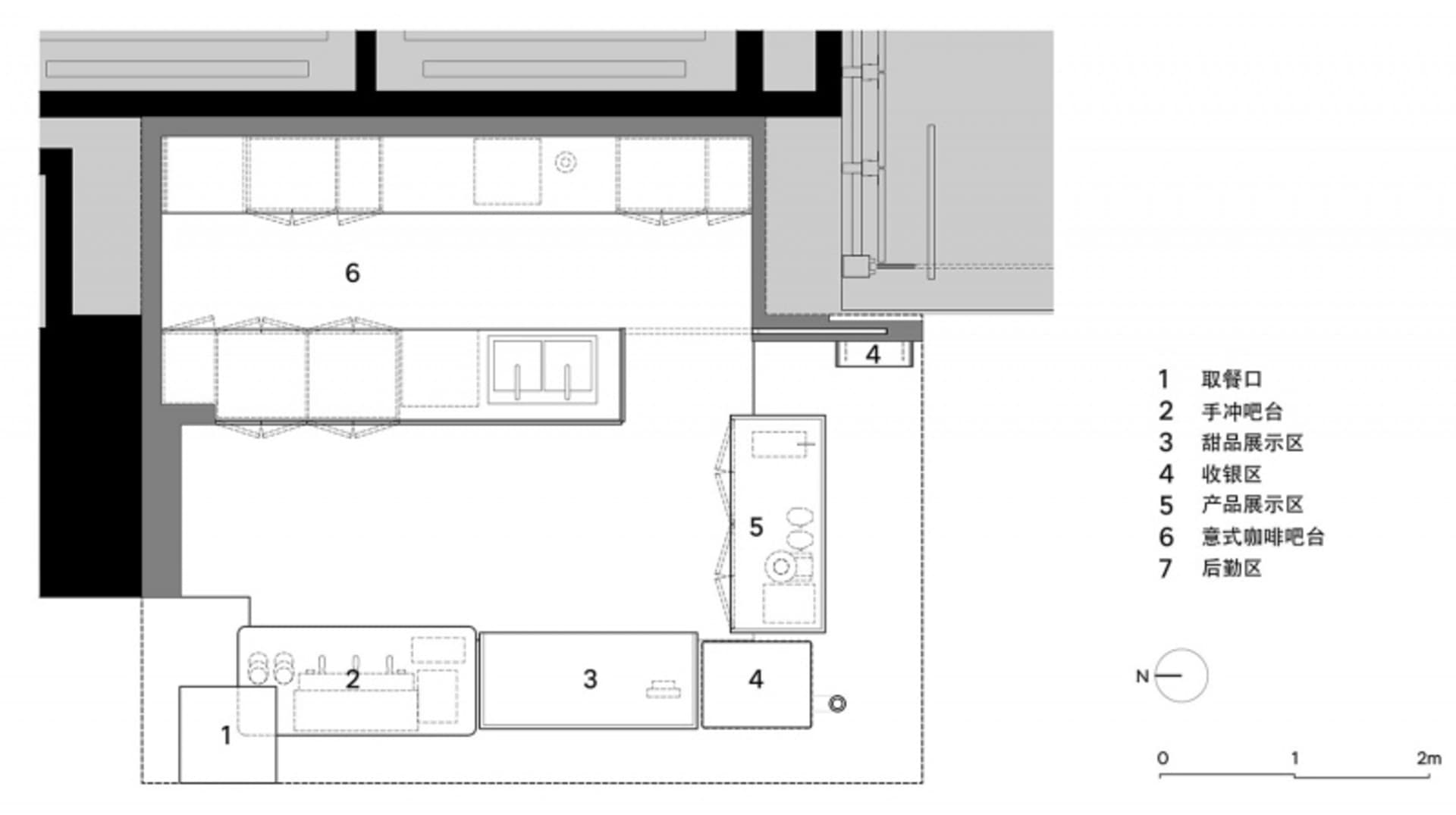 White floor plan of an open concept living area with kitchen, dining room, and living room