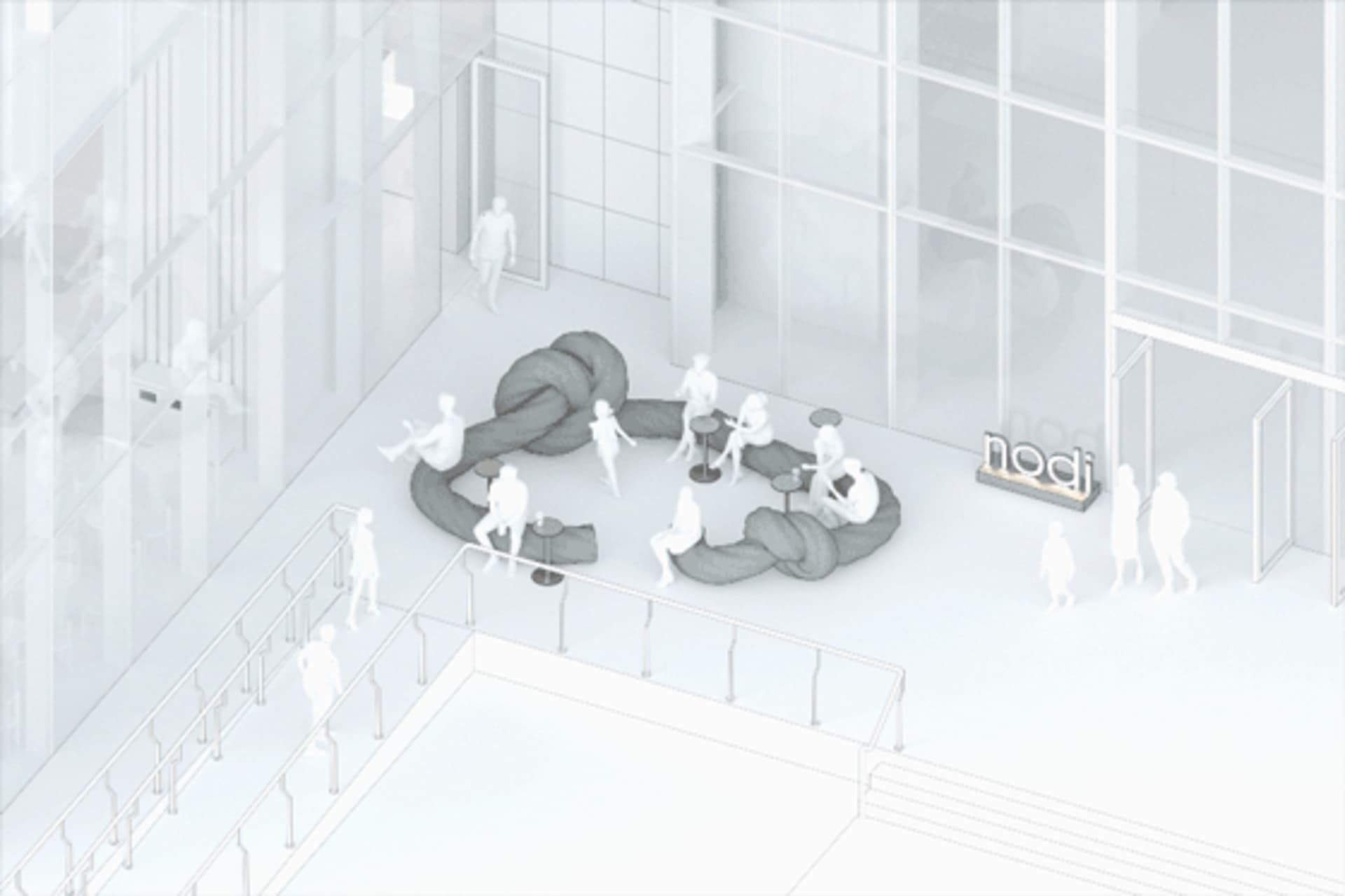 A bustling lobby with people walking, sitting, and standing in a space with multiple chairs and a sense of movement
