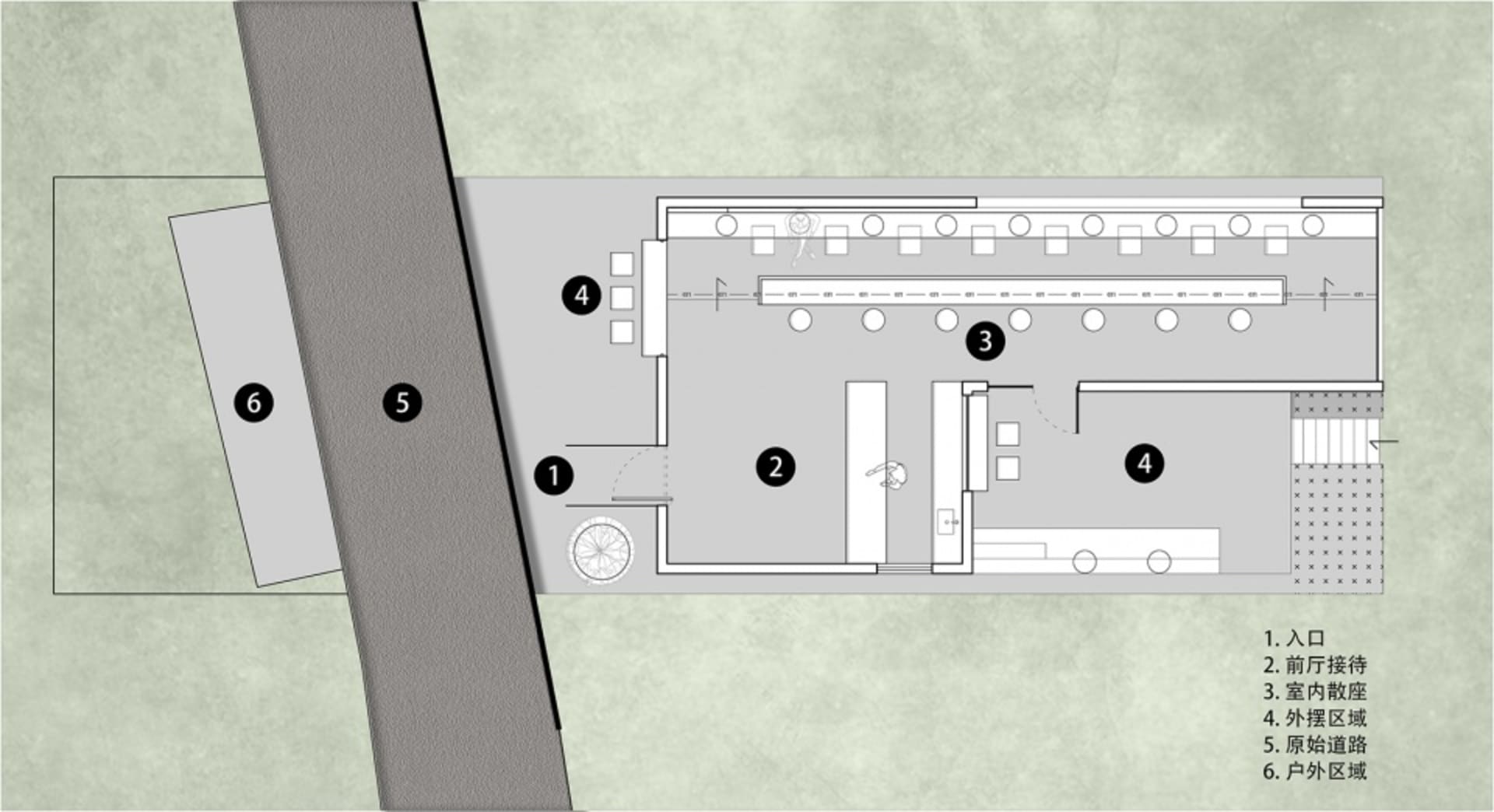 2D floor plan of a modern office space with chairs and dining tables, featuring a functional and efficient layout