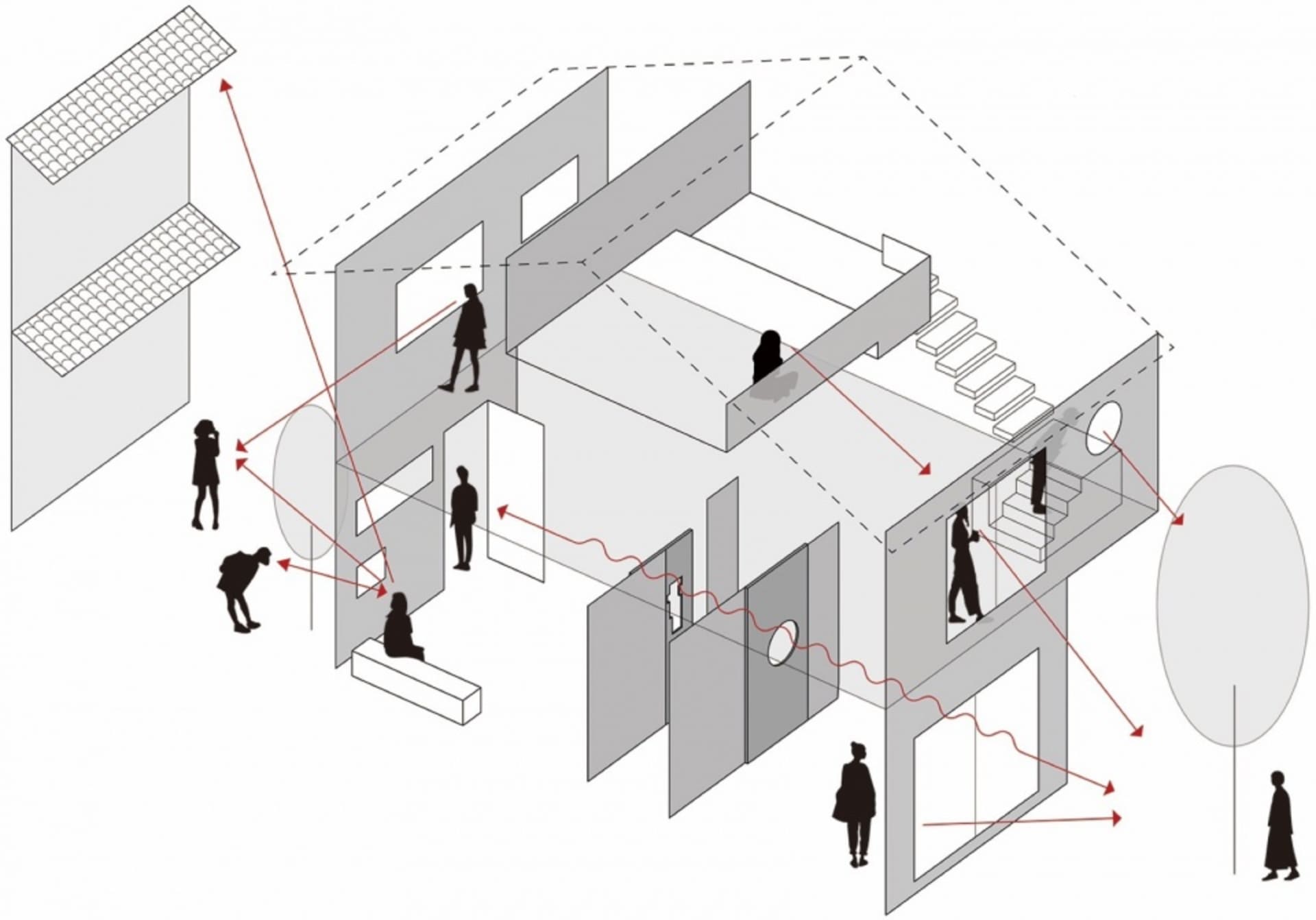 Architectural rendering of a modern living space with concrete walls and floors, featuring various rooms and hallways with people walking through
