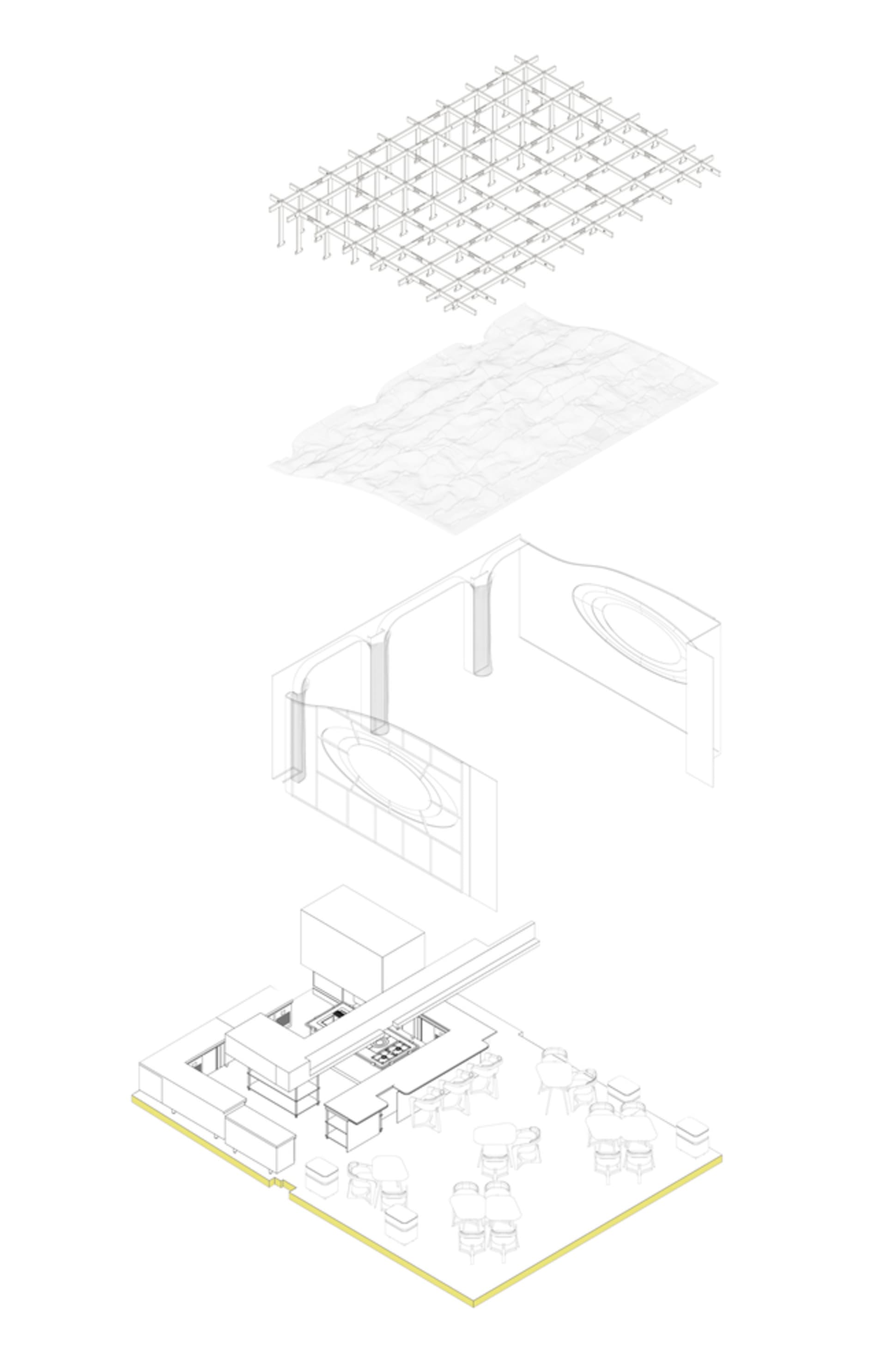 一座白色建築的現代建築圖，擁有大型圓頂與內部散布的小型圓形