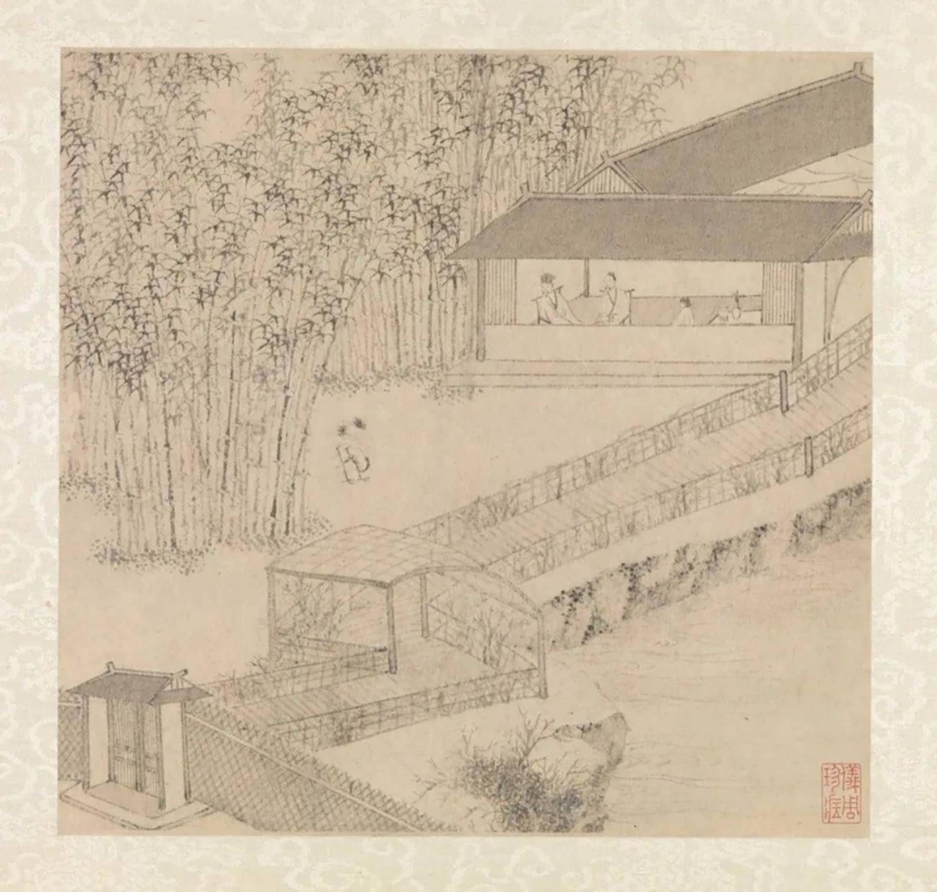 Serene Asian-style building with a wooden structure, thatched roof, and a covered bridge over water, surrounded by people in a peaceful atmosphere
