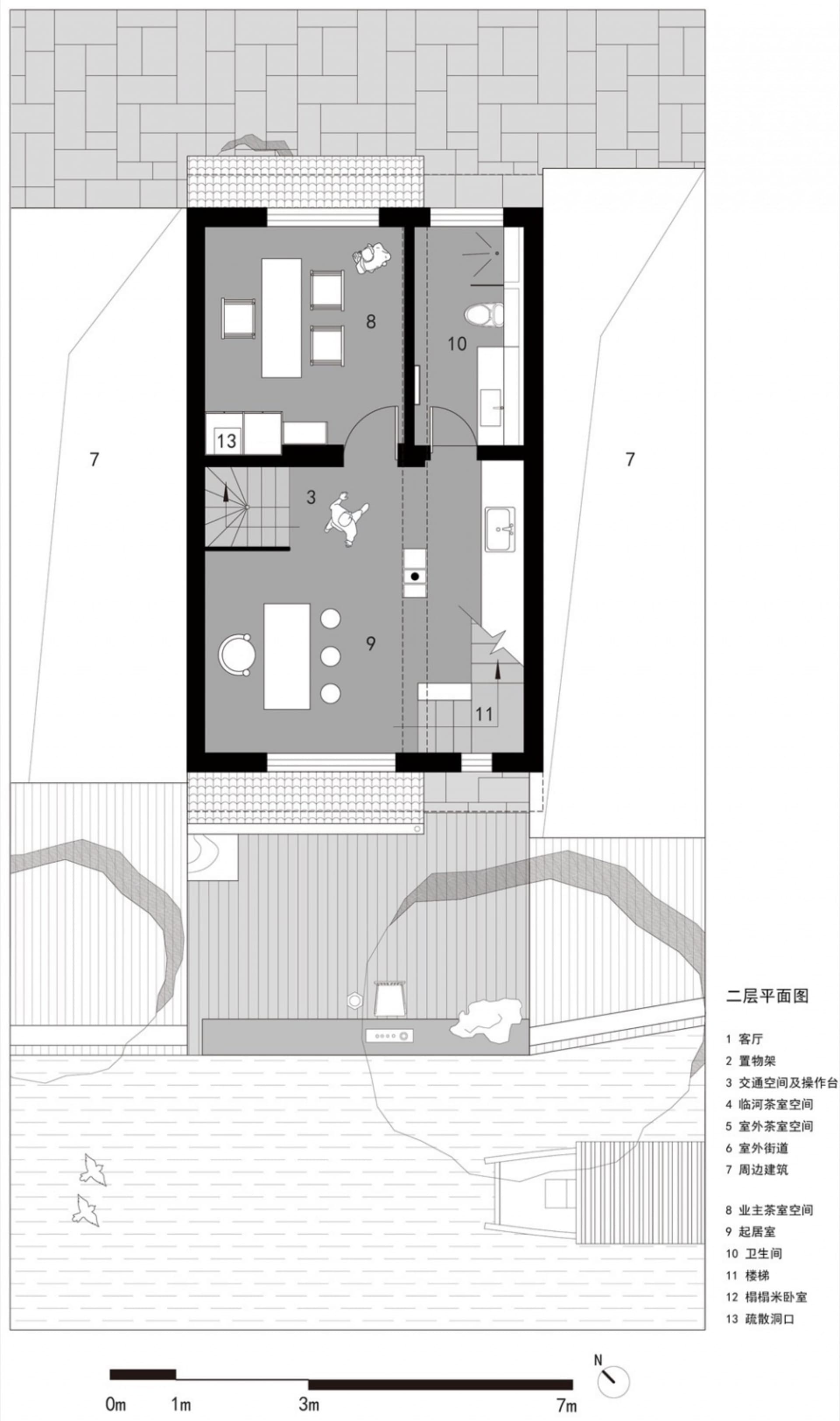 Two-story house floor plan with modern and traditional elements, featuring living room, kitchen, dining area, bedroom, and bathroom, with natural light and strategic window placement