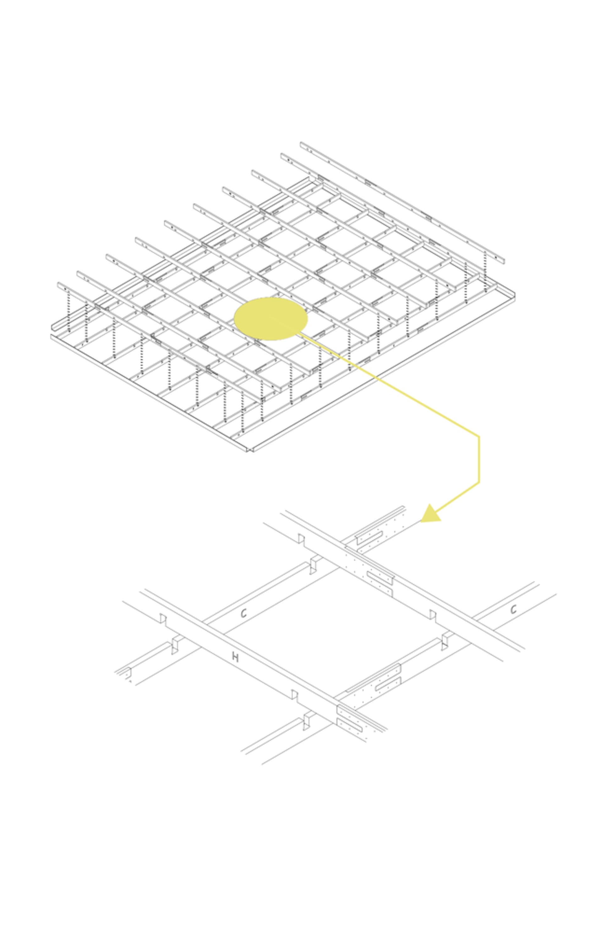 開放空間極簡建築圖，中央黃色圓圈，含文字資訊與功能風格