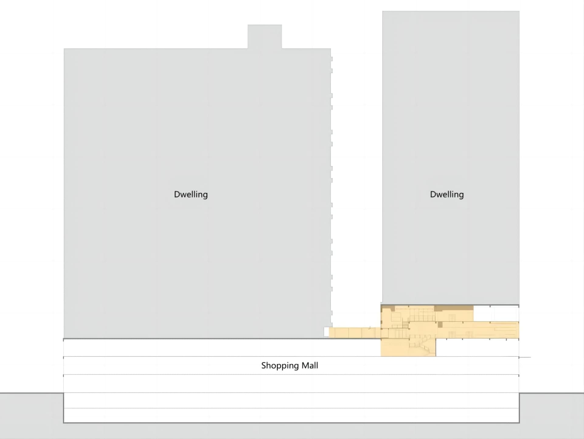 A modern building with two levels, featuring a shopping mall area on the first level and a dwelling section on the second, with neutral tones and highlighted zones