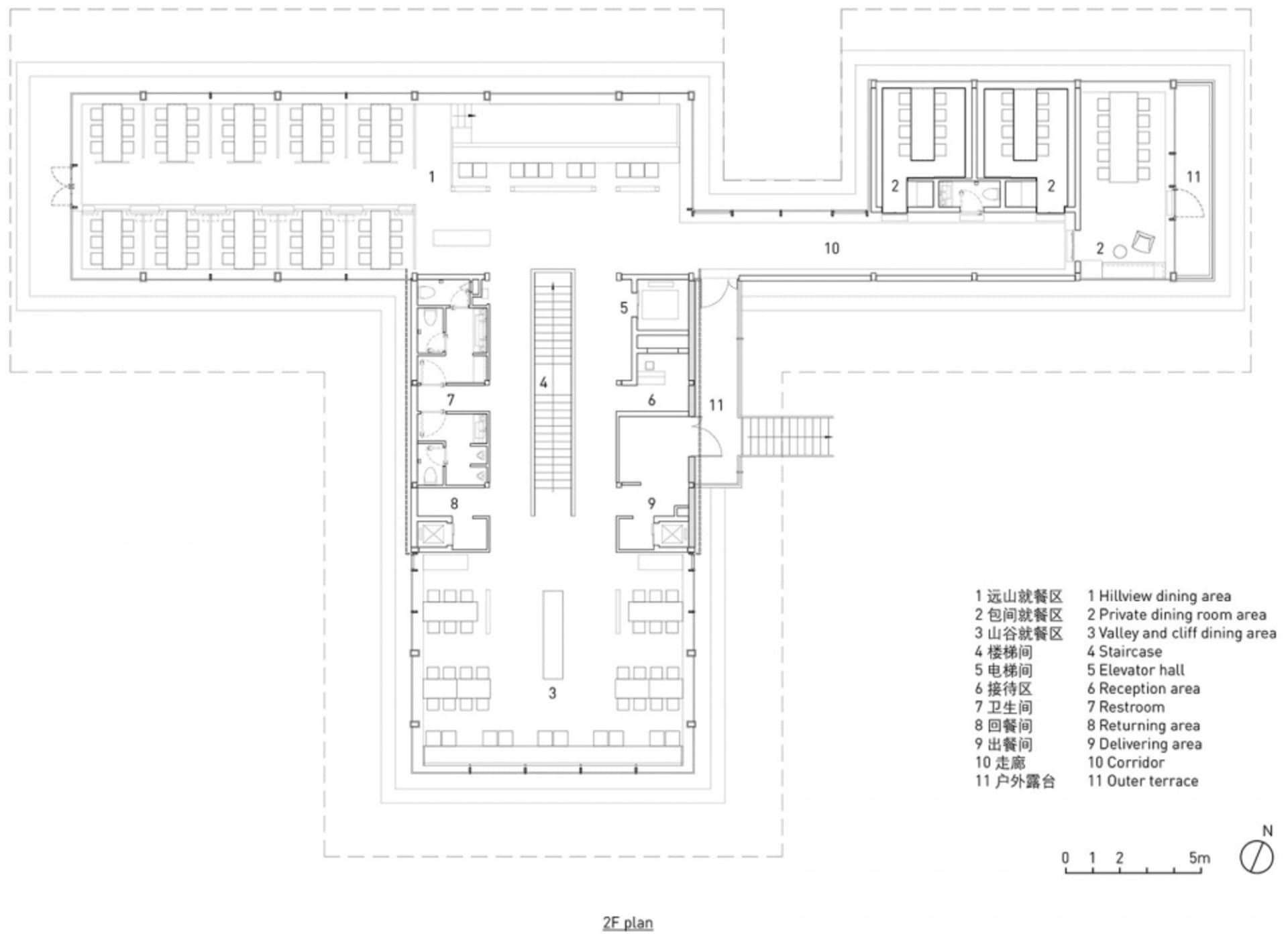 Black and white floor plan of a hotel or office complex with various rooms and spaces, including a dining area, kitchen, and multiple seating areas