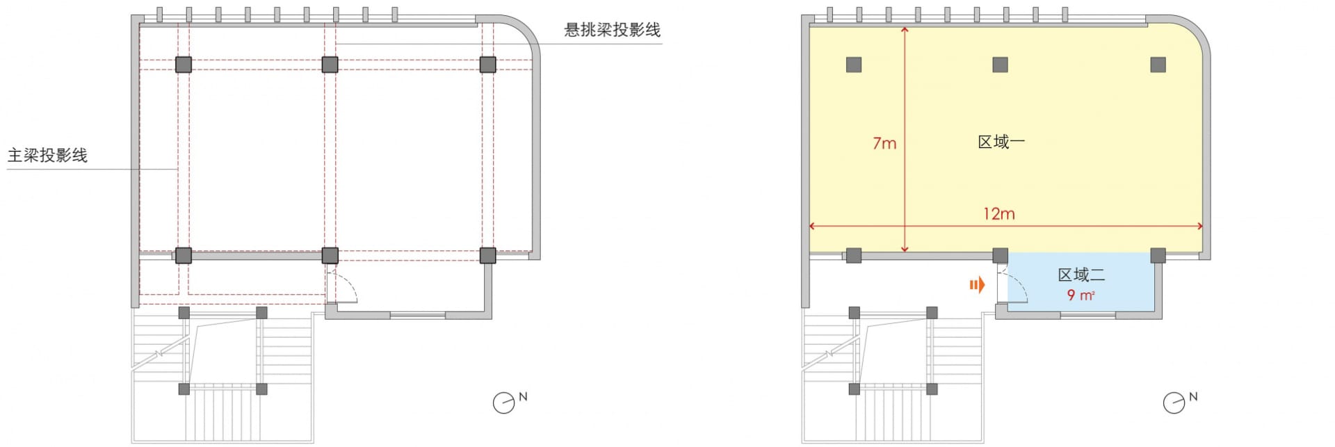 Top-down view of a modern building with a floor plan showing various rooms, furniture, and measurements