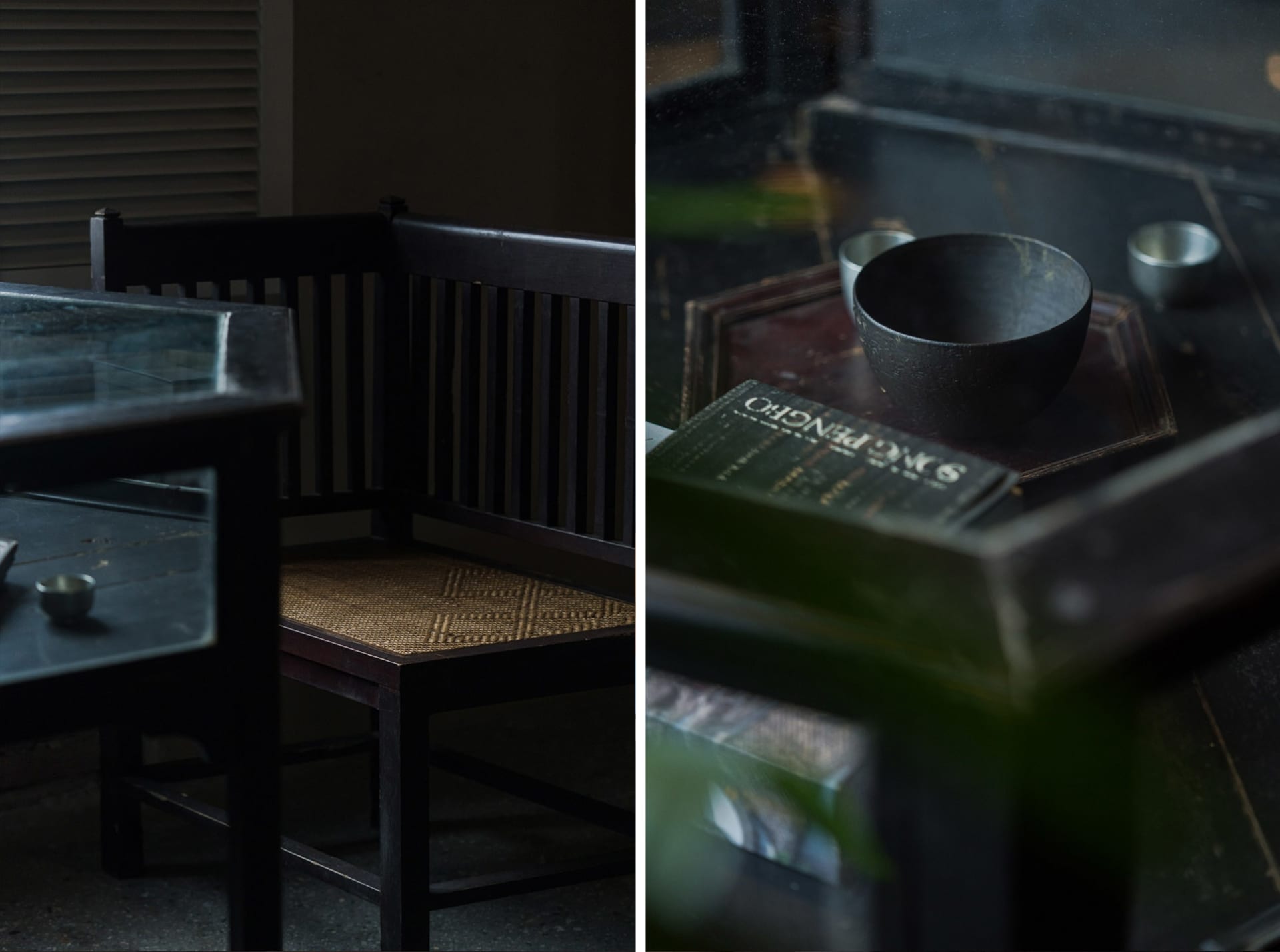 A dark room with a chair in a black and white photo and a chair and a bowl on a table in a colored photo