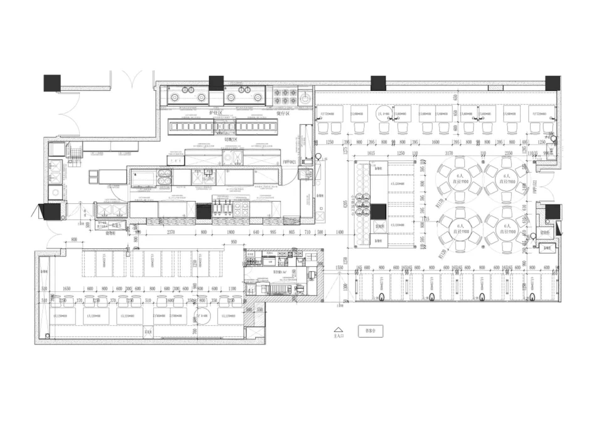 2D floor plan of a modern restaurant with open and enclosed spaces, clean lines, and minimalistic elements, featuring white materials and natural light