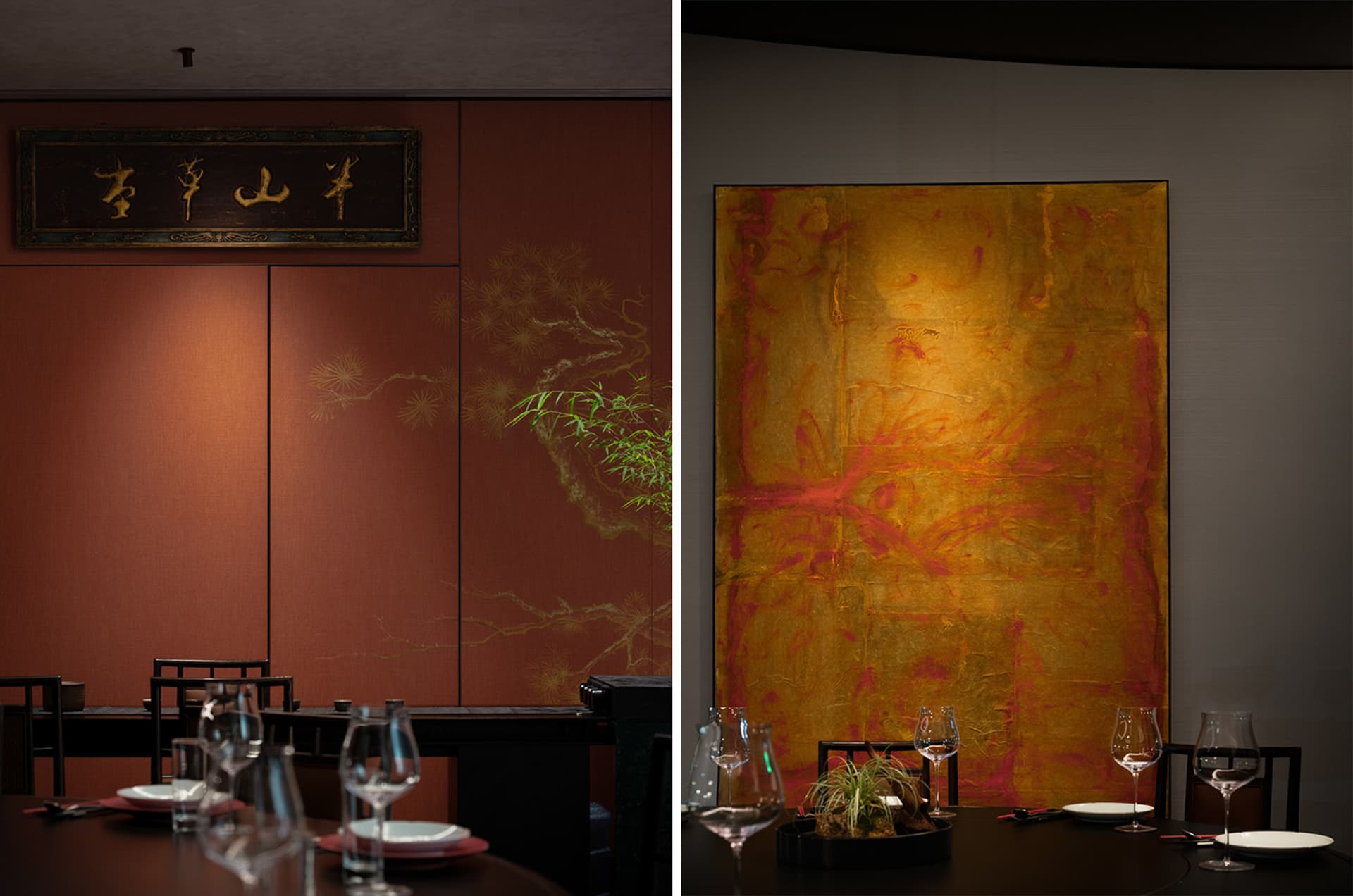 Elegant dining space with two tables, chairs, and a painting of an oriental design, surrounded by decorative elements and potted plants