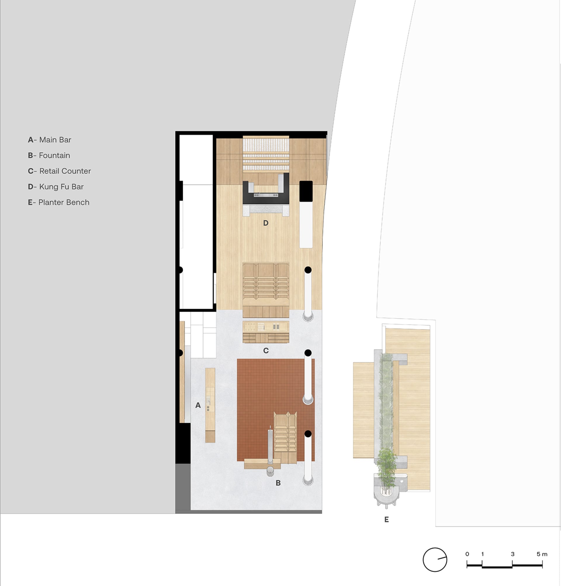 2D floor plan of a modern hotel with a living area, dining area, kitchen, bedrooms, and two bars