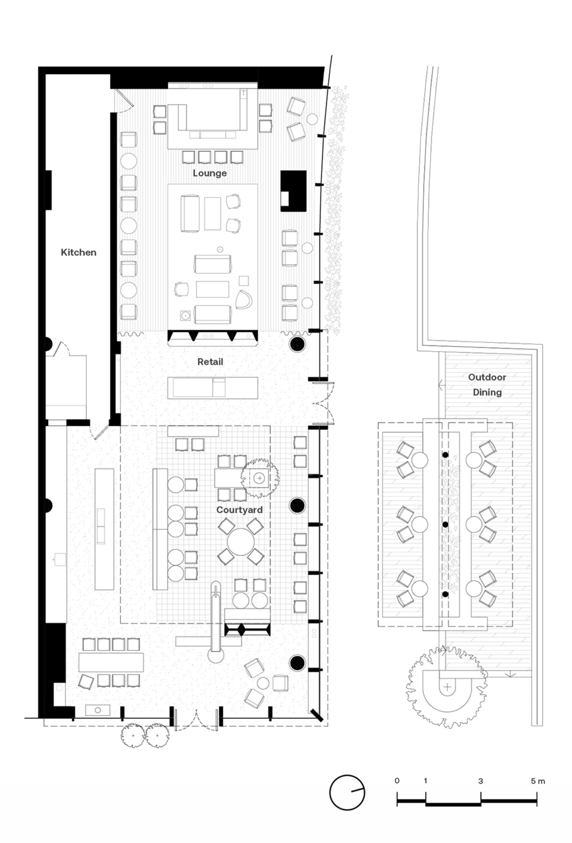 2D floor plan of a modern building interior with multiple rooms, chairs, and linework indicating a functional layout