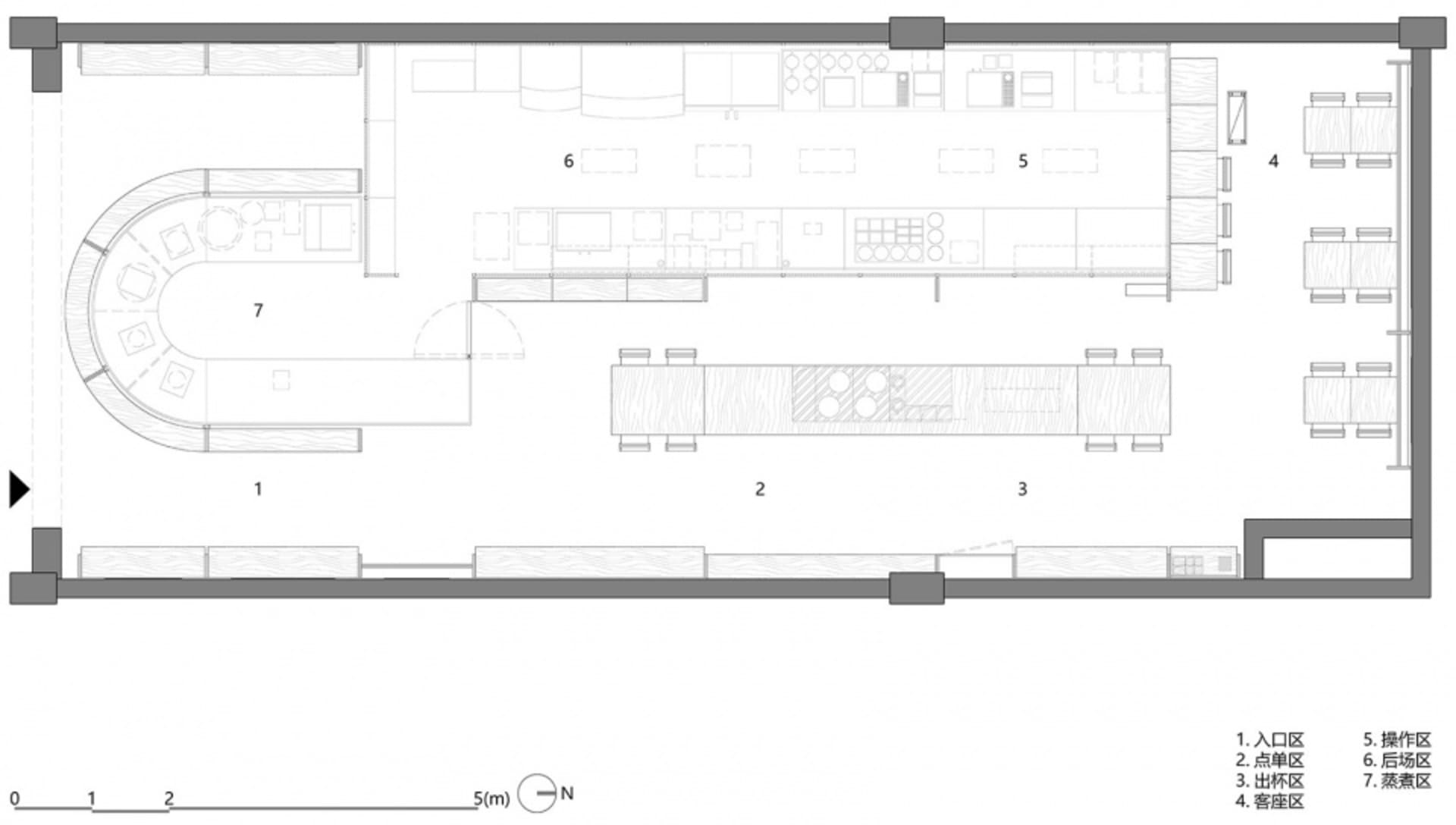 2D floor plan of a commercial space with various rooms, including a kitchen, dining area, and bar, featuring wood and metal materials
