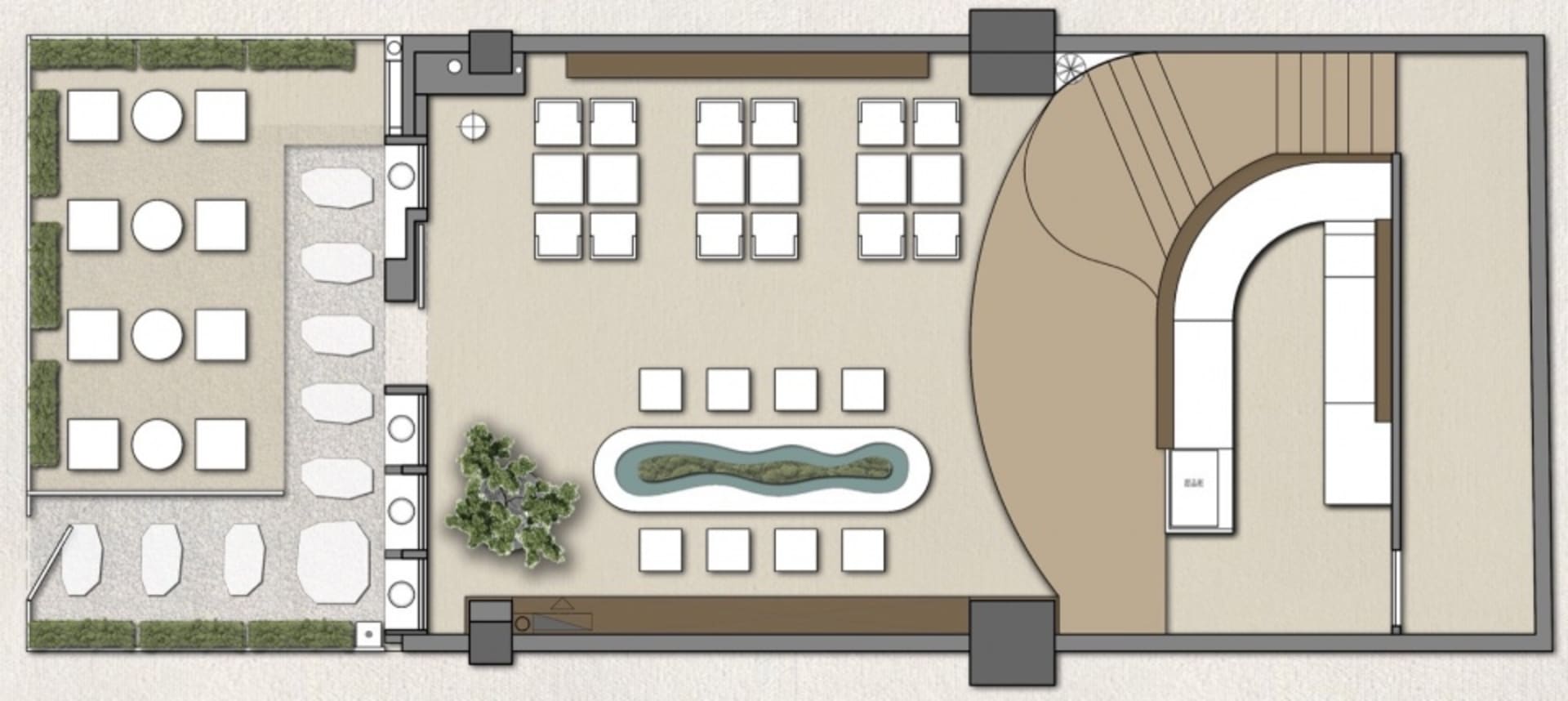 A modern lobby with chairs and a dining table, creating a comfortable and inviting atmosphere