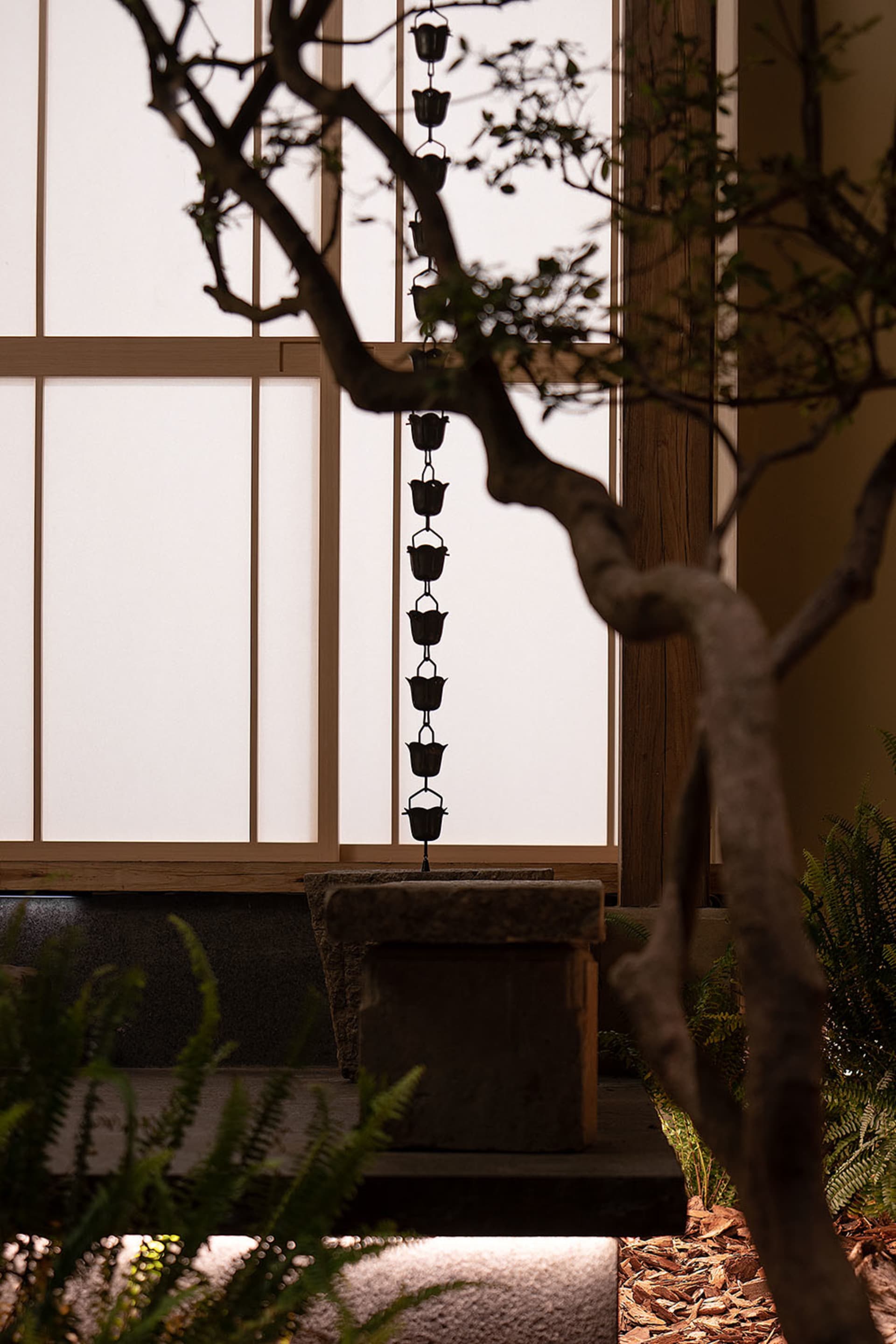 Indoor space with a stone wall, two potted plants, and a vase, creating a calm and serene atmosphere