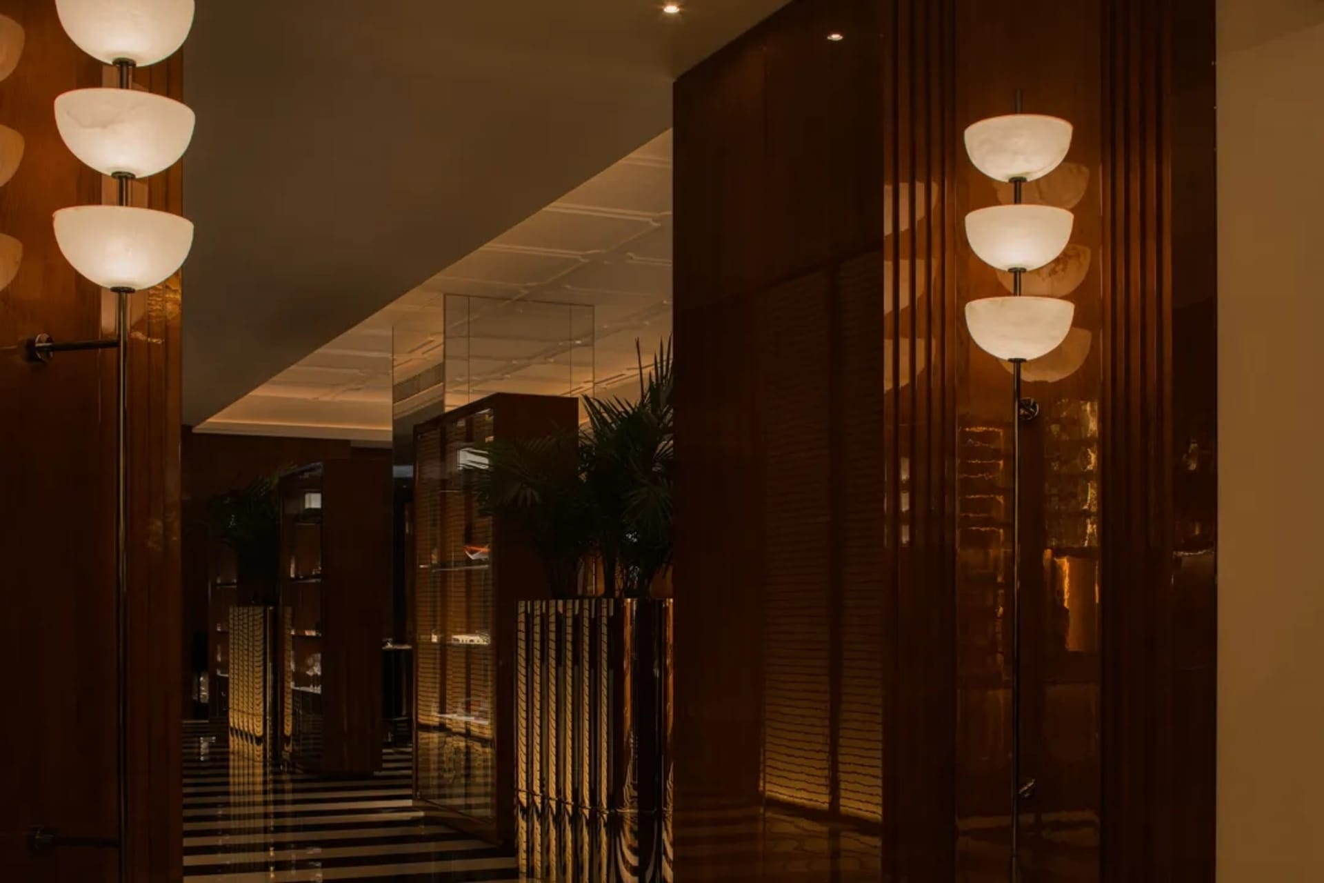 Sophisticated hallway with wooden walls and floors, featuring two potted plants and a luxurious atmosphere