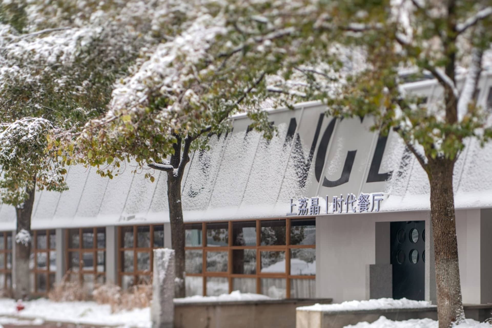 A serene Asian building covered in snow with a large white sign on its side, set against a snowy background