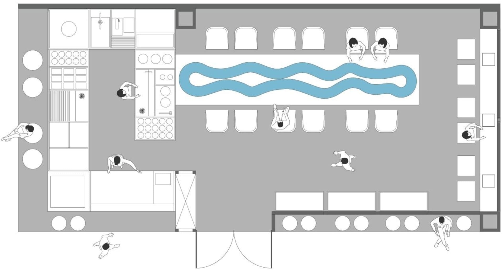 Black and white floor plan of a well-organized building with clear divisions between kitchen, dining area, living room, and bedroom