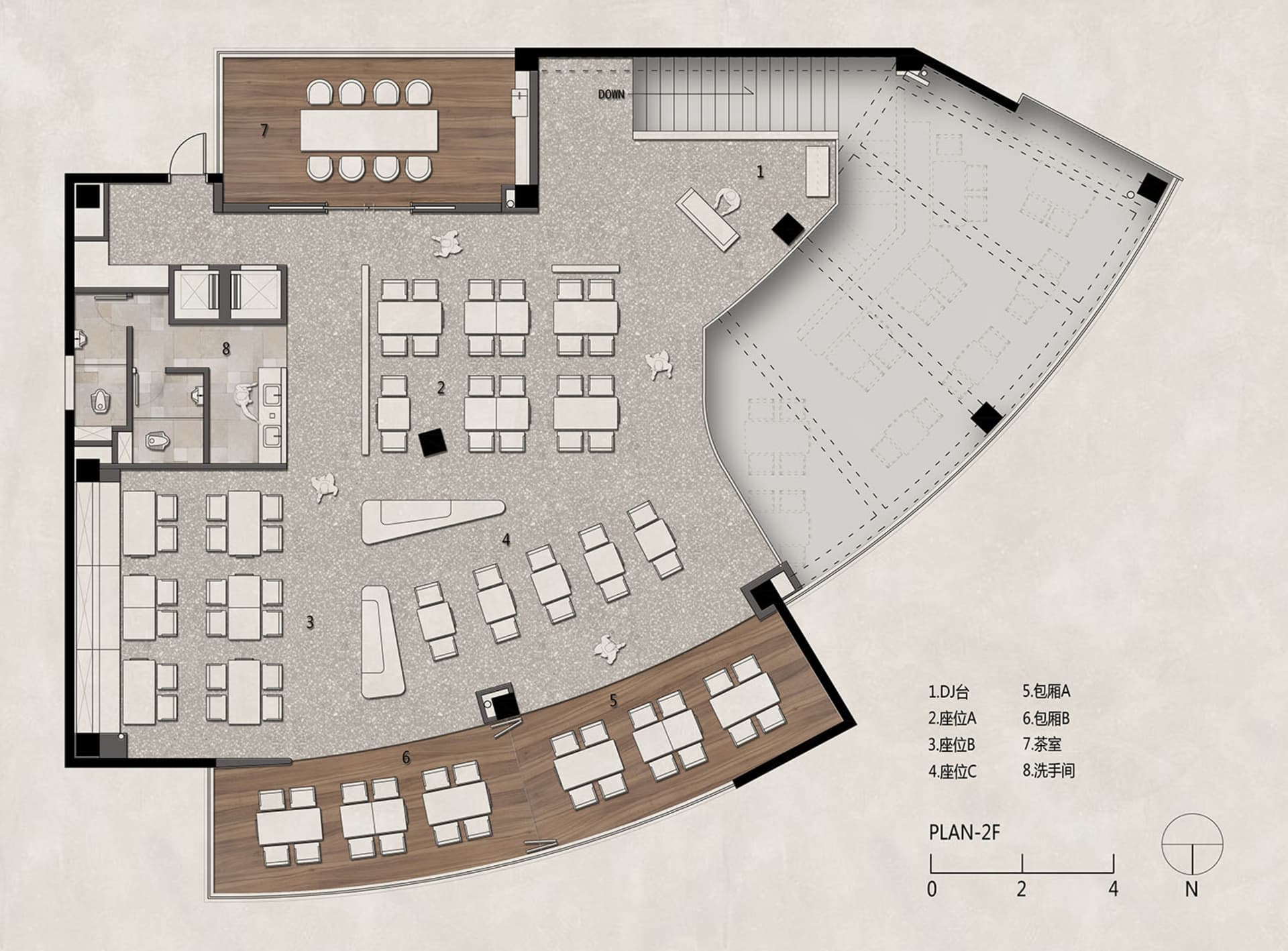 2D floor plan of a modern building interior with wood flooring and neutral color palette, featuring various rooms and spaces